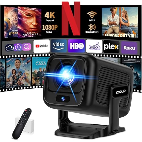 [Auto Focus & 2026 Upgraded] Mini Projector 1080P FHD Support 4K Portable Projector with WiFi6 and Bluetooth5.4 Built-in App 180° Adjustable Auto Keystone, Compatible with HDMI/Laptop/USB, Black