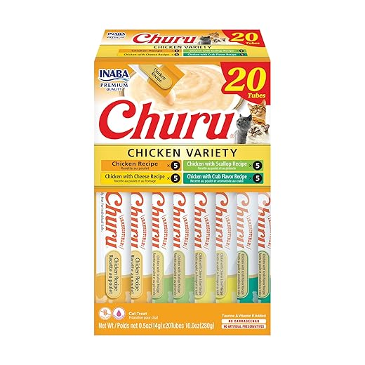 INABA Churu Cat Treats, Lickable, Squeezable Creamy Purée Cat Treat with Green Tea Extract & Taurine, 0.5 Ounces Each Tube, 20 Tubes, Chicken Variety Box