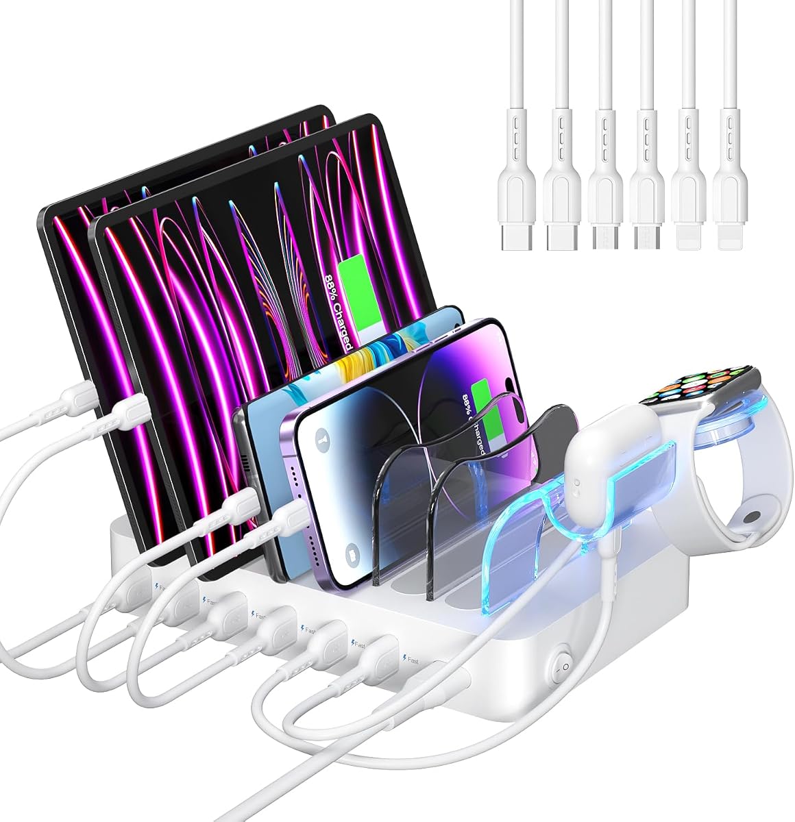 SooPii Premium organizador de estación de carga USB de 6 puertos para múltiples dispositivos, 6 cables de carga cortos y un soporte para cargador i-Watch mejorado incluido, para teléfonos, tabletas y otros dispositivos electrónicos, blanco | Base de carga múltiple con 6 cables y soporte de cargador i-Watch mejorado para teléfonos, tabletas y otros dispositivos electrónicos, blanco