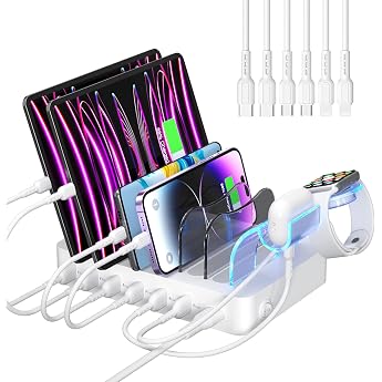 SooPii 50 W 6 Ports USB Charging Station Organiser for Multiple Devices with 6 Cables Multi charging stations devices dock for iPhone iPad tablets and other electronic devices white