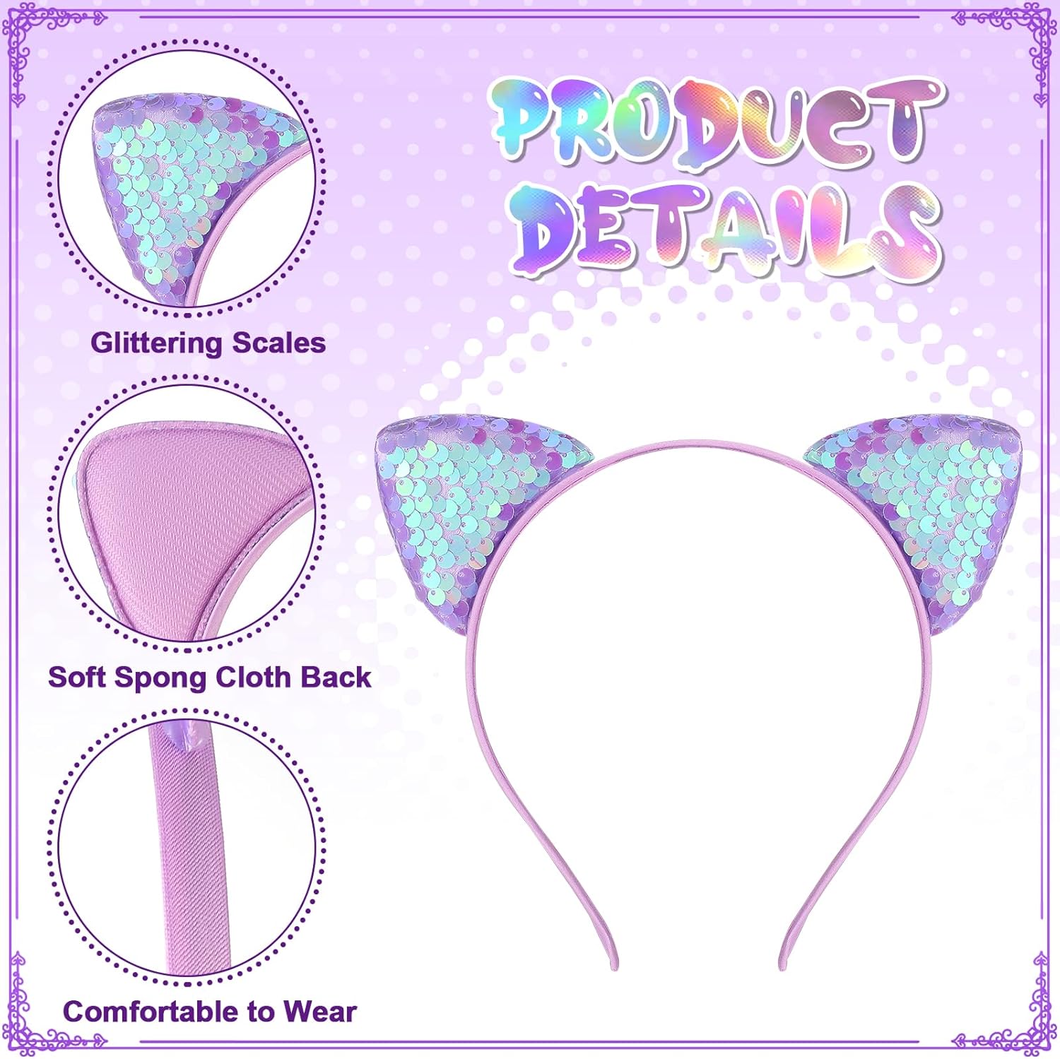 Sequin Glitter Kitty Headbands - 50 Pcs Girls and Adult Shiny Hair Accessories with Cat Ears for Birthday Decoration, 25 Colors