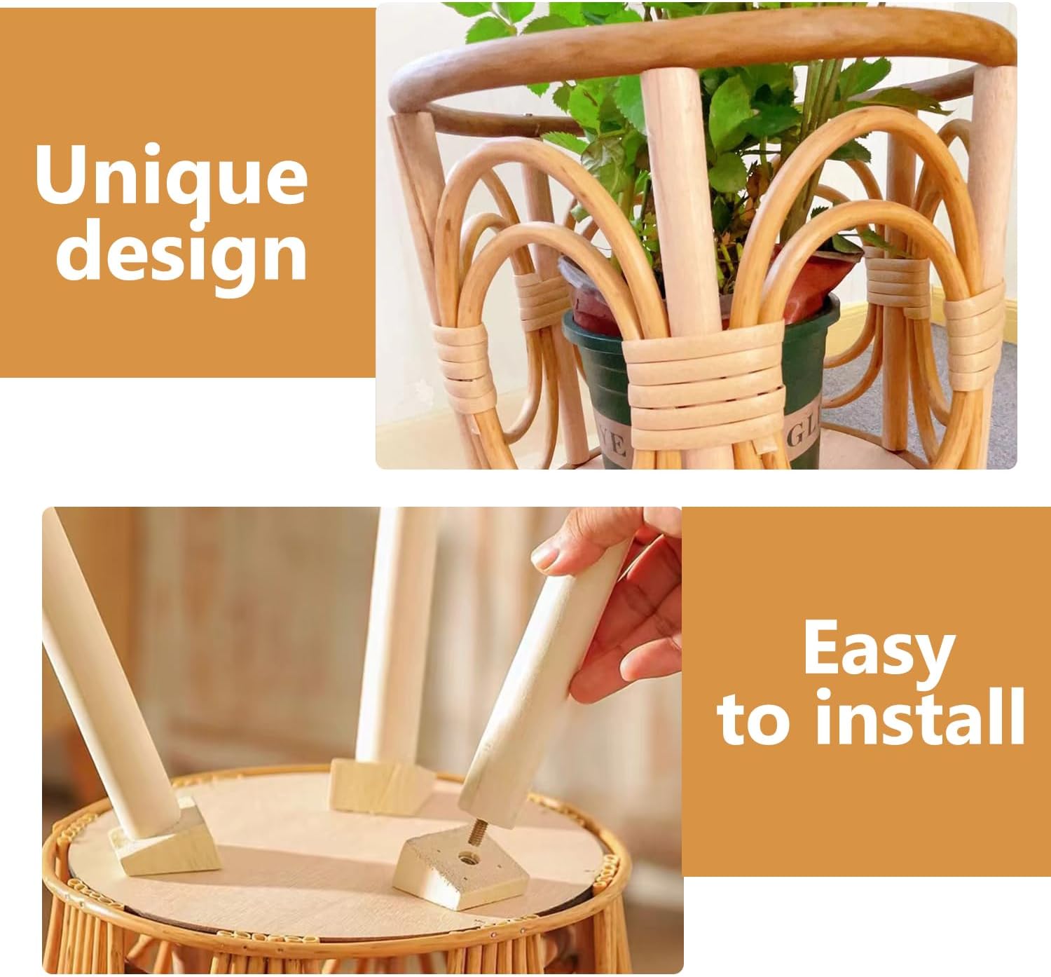 Boho Rattan Plant Stand Indoor Outdoor - 2 Rattan Wicker Planter Shelf for Multiple Plants, Mid Century Modern Wooden Flower Pot Holder with Stand, Farmhouse Home Decor for Living Room