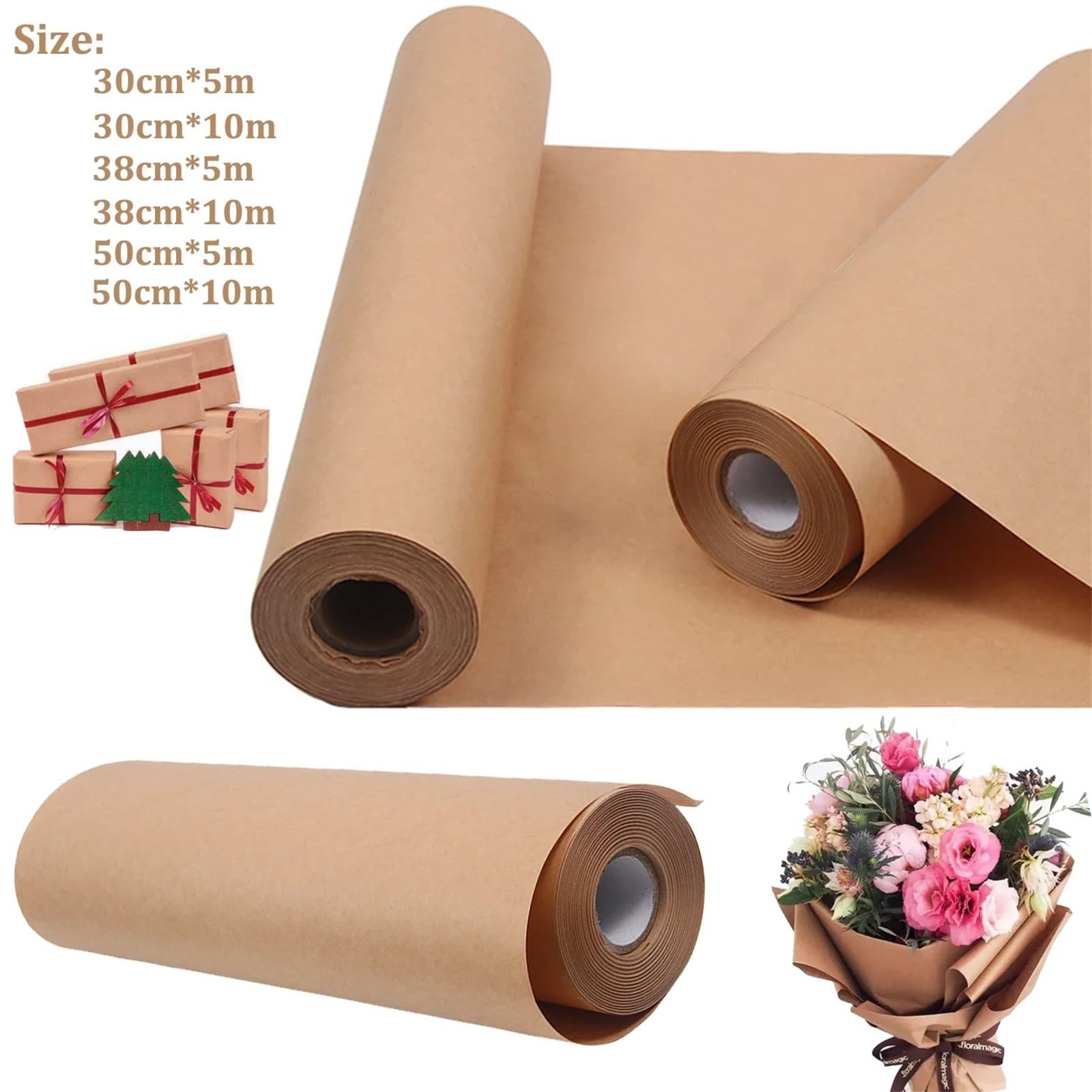 Lot de 2 rouleaux de papier cadeau kraft marron de 10 m pour emballage cadeau, déménagement, loisirs créatifs, papier d'emballage cadeau épais (marron, 50 cm x 10 m)