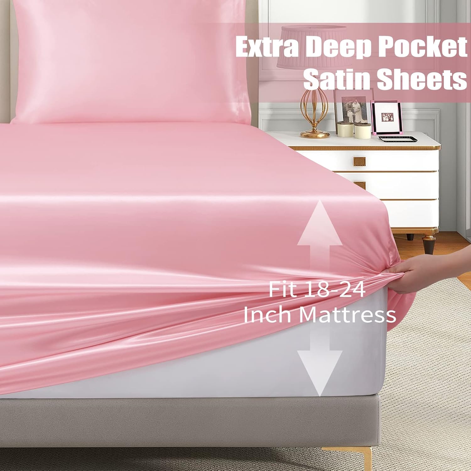 VACVELT 3pcs Extra Deep Pocket Satin Fitted Sheet Set Queen Bed Set, Pink Bottom Sheet Fit 18-24 Inch Deep Pocket Mattress, Silky Bedding Set Soft & Ultra Deep Fitted Sheet & 2 Pillowcase