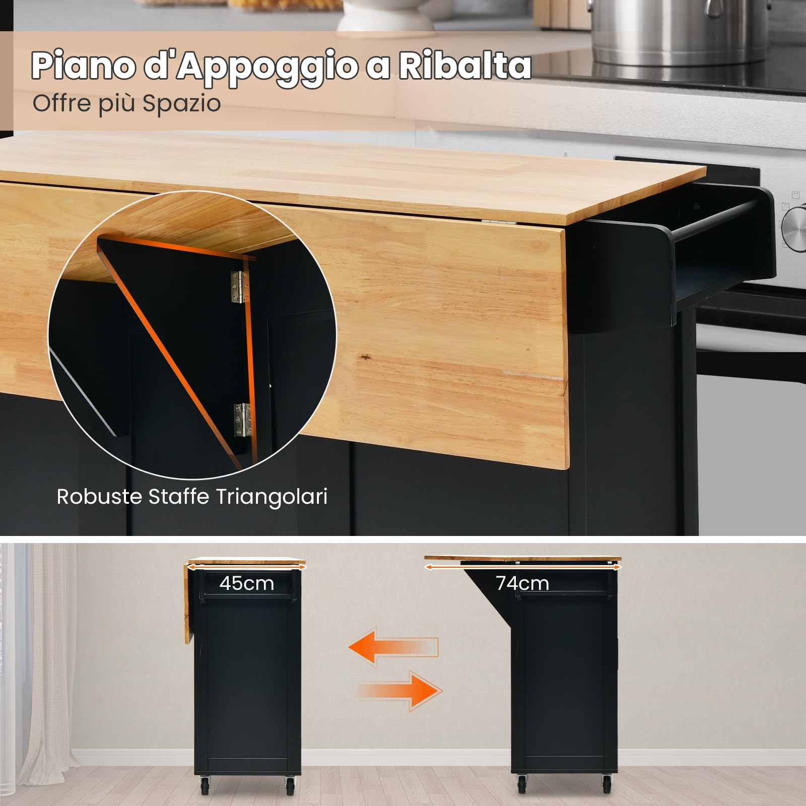 GYMAX Carrello da Cucina, con 2 Armadietti, 1 Cassetto, 1 Scomparto e 1 Portabottiglie, Tavolo Isola per Servizio con 4 Ruote, Portaspezie e Portasciugamani, 130 x 74 x 90 cm (Nero)
