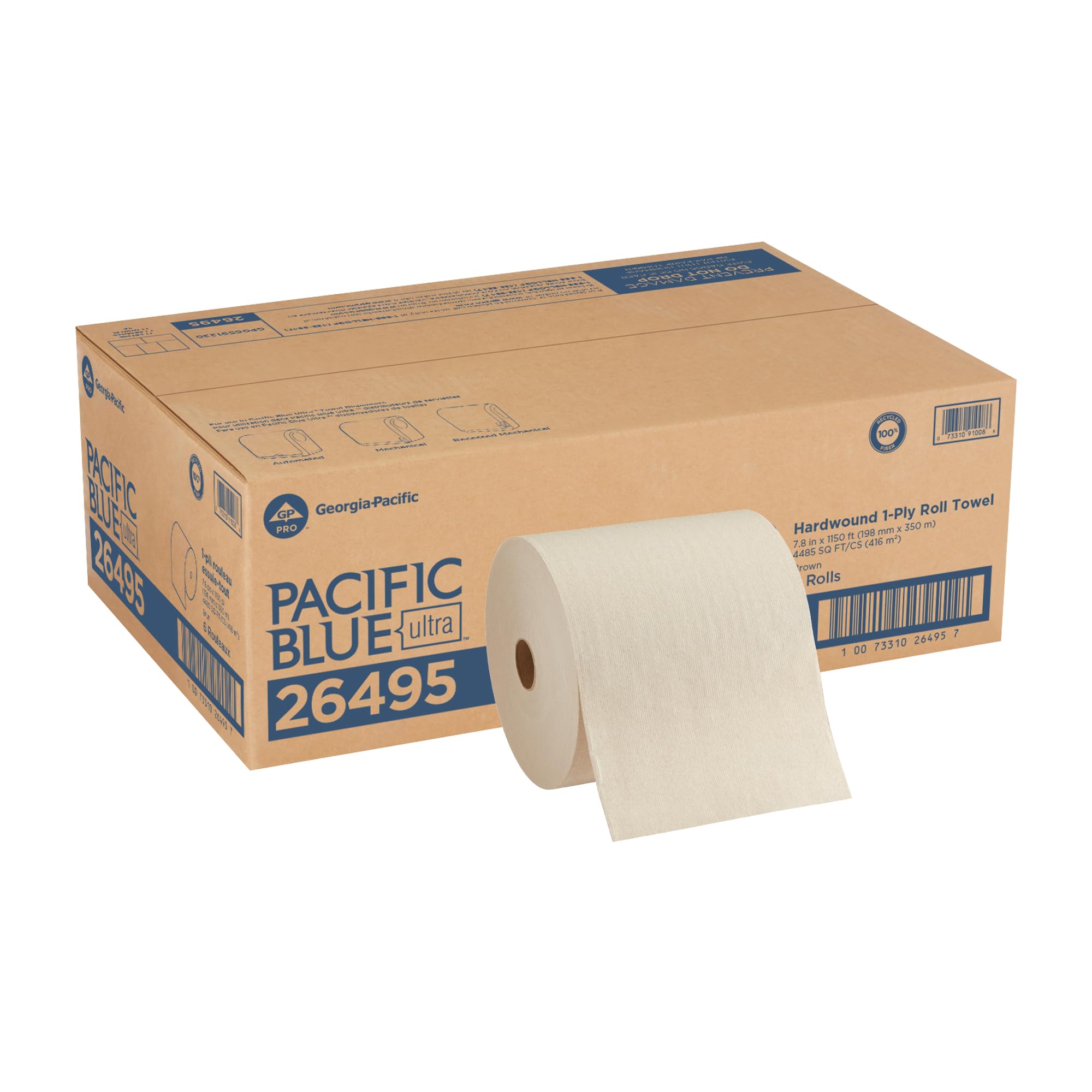 Pacific Blue Ultra 8" High-Capacity Recycled Paper Towel Rolls by GP PRO (Georgia-Pacific), Brown, 26495, 1,150 Linear Feet Per Roll, 6 Rolls Per Case