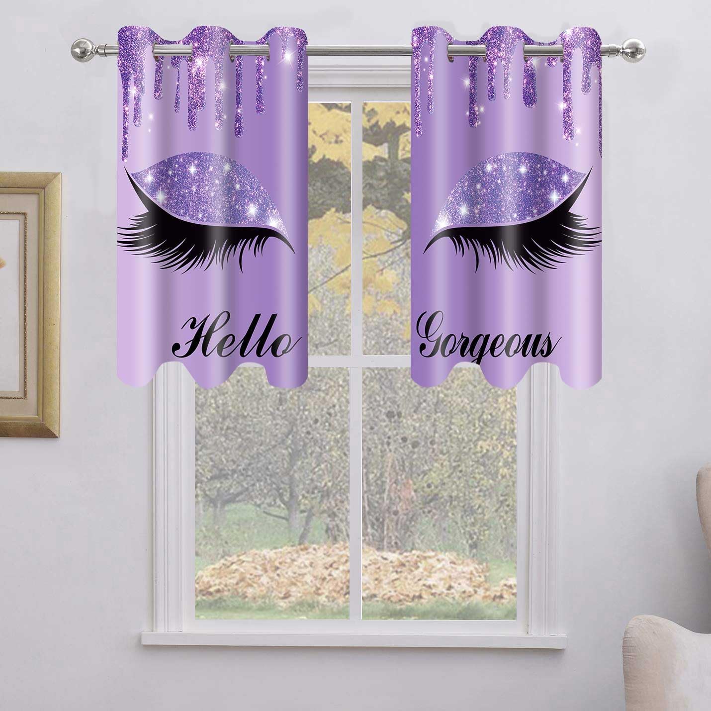 BSPPTI Hello Gorgeous Unicorn Eyelash Print Curtain, (No Glitter No Sequin) Light Grey Drips Room Darkening Thermal Insulated Grommets Drapes for Dining, Bedroom, 42"x 63", 2 Panels, CLLSSP916