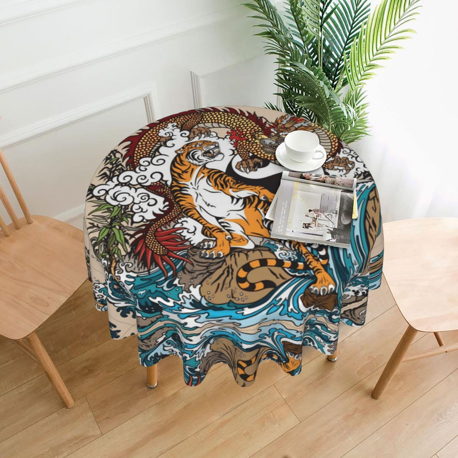 YYHWHJDE Dragon and Tiger Prints 60in Round Decorative Tablecloth – High-Grade Polyester Throw for Stylish Dining & Event Table Protection