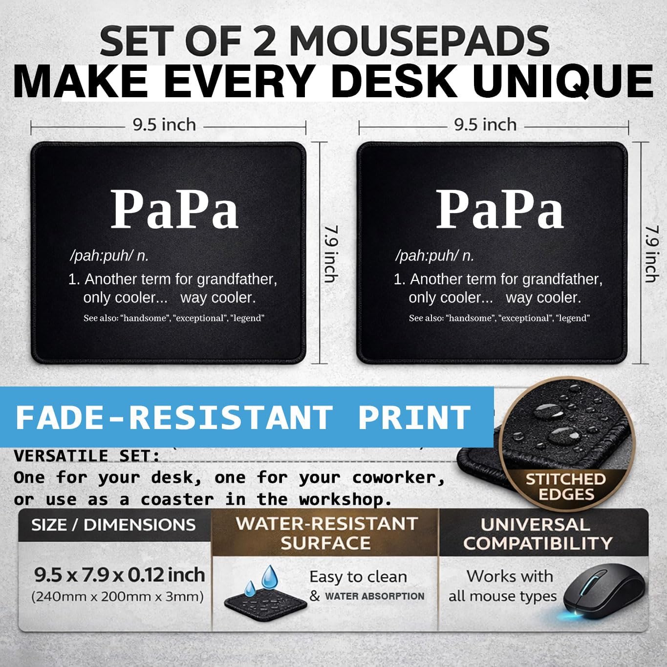 PaPa Definition Mouse Pad Set, Rubber, Black, Non-Slip Base, Office, 9.5x8 inches, Rectangular, 2 Pack image 2