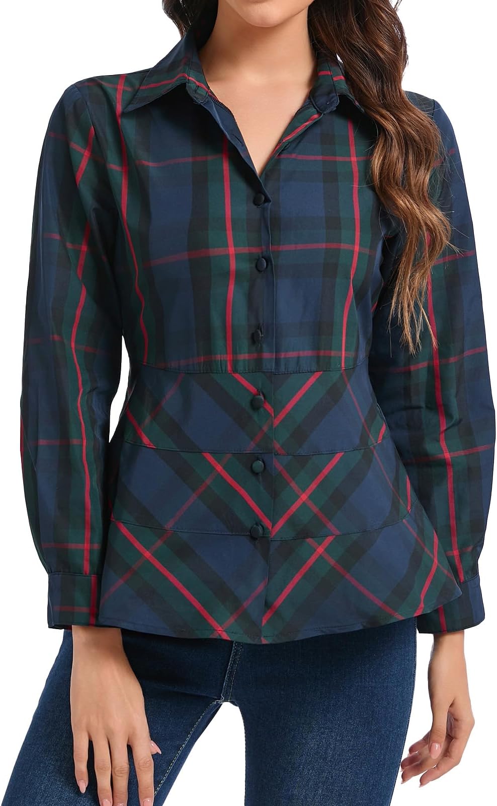 Women's Button Down Shirt Cropped Long Sleeve Collared Tiered Blouse Slim Flare Casual Tops