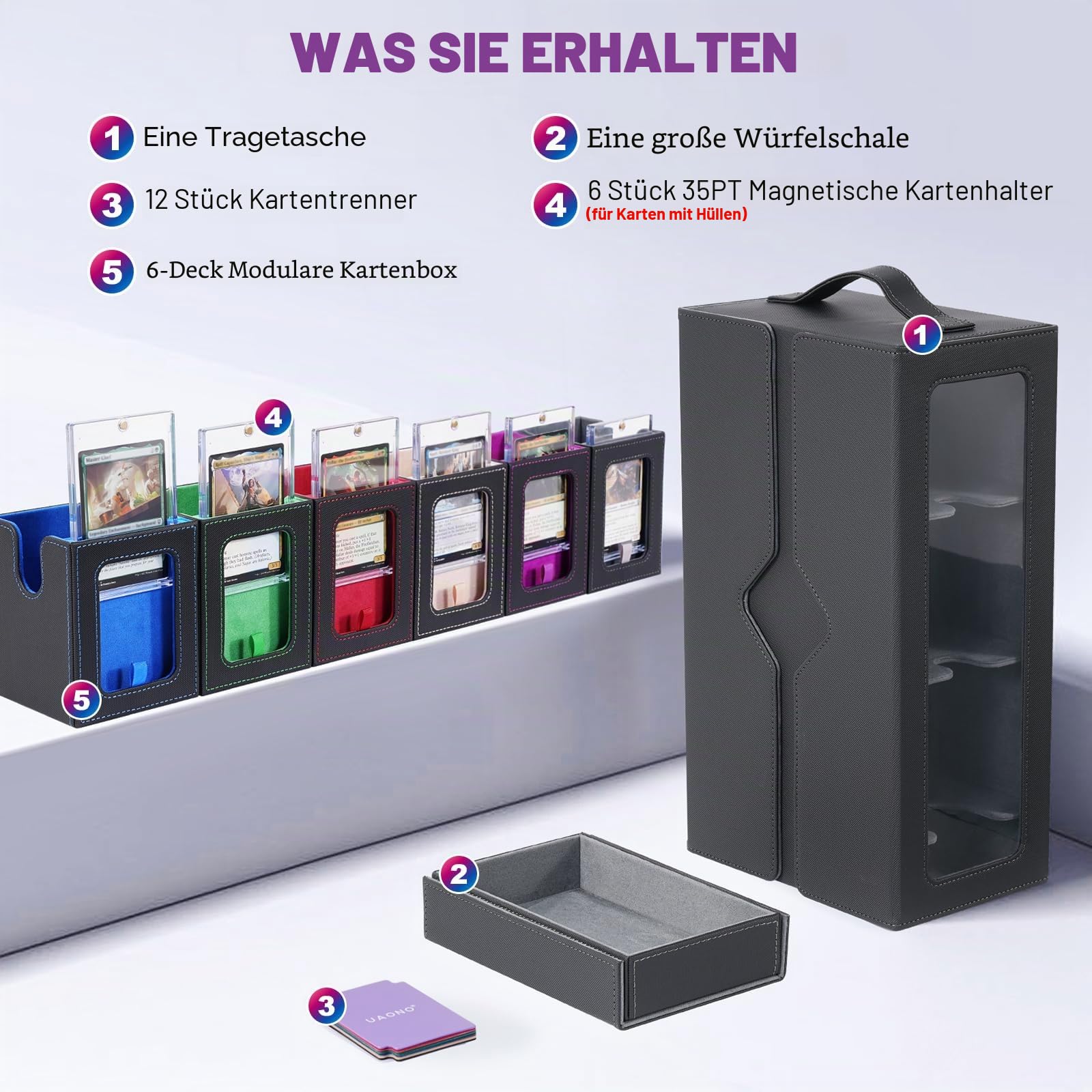 UAONO Commander Deck Box für MTG, 6-Deck Modulares Kartenetui mit Würfelablage, Platz für 600+ Doppelhülsenkarten, abnehmbare Sammelkarten-Aufbewahrungsbox mit 6 magnetischen Kartenhaltern für TCG