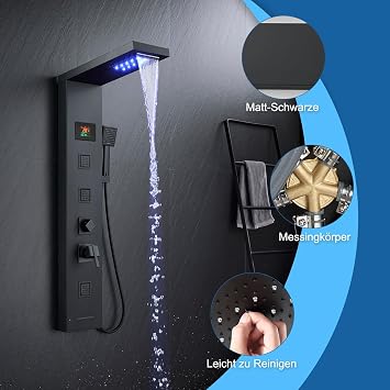 Shower Tower Panel with Mixer, 5-Function Shower Column with LED Temperature Display Rain&Waterfall, Massage Jets, Handheld Shower and Bath Spout, Shower Panel Stainless Steel, Matte Black
