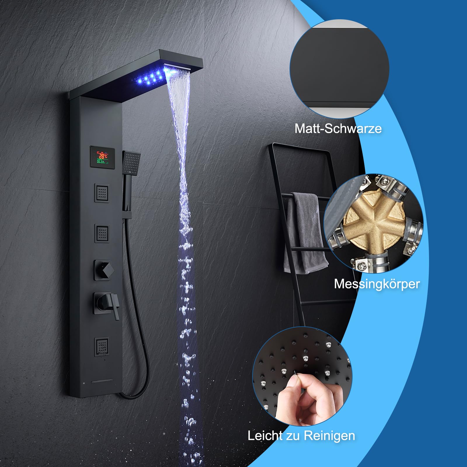 Panel de ducha LED con grifo, 5 funciones, panel de ducha con indicador de temperatura LED, ducha de lluvia y cascada, 3 chorros de masaje, ducha de mano y entrada de bañera, columna de ducha