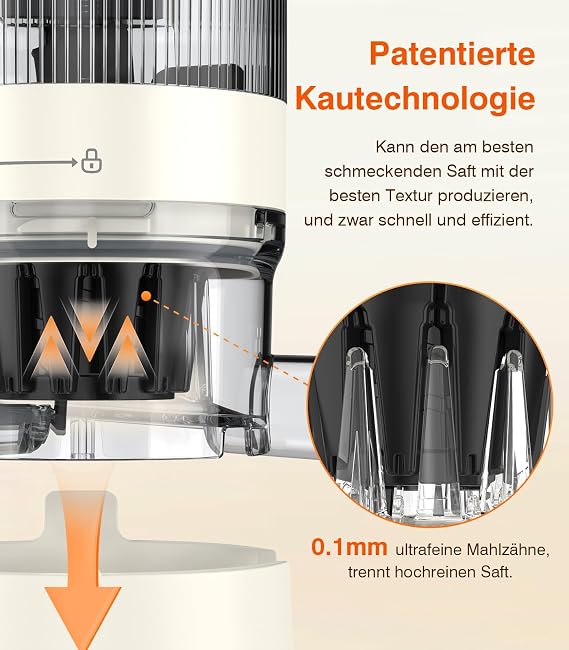Zasmira Slow Juicer with High Torque and 120 mm Filling Channel No Pre-Cutting Juicer for Vegetables and Fruits 99.6% Juice Purity 1.5 L REV Mode Easier to Clean
