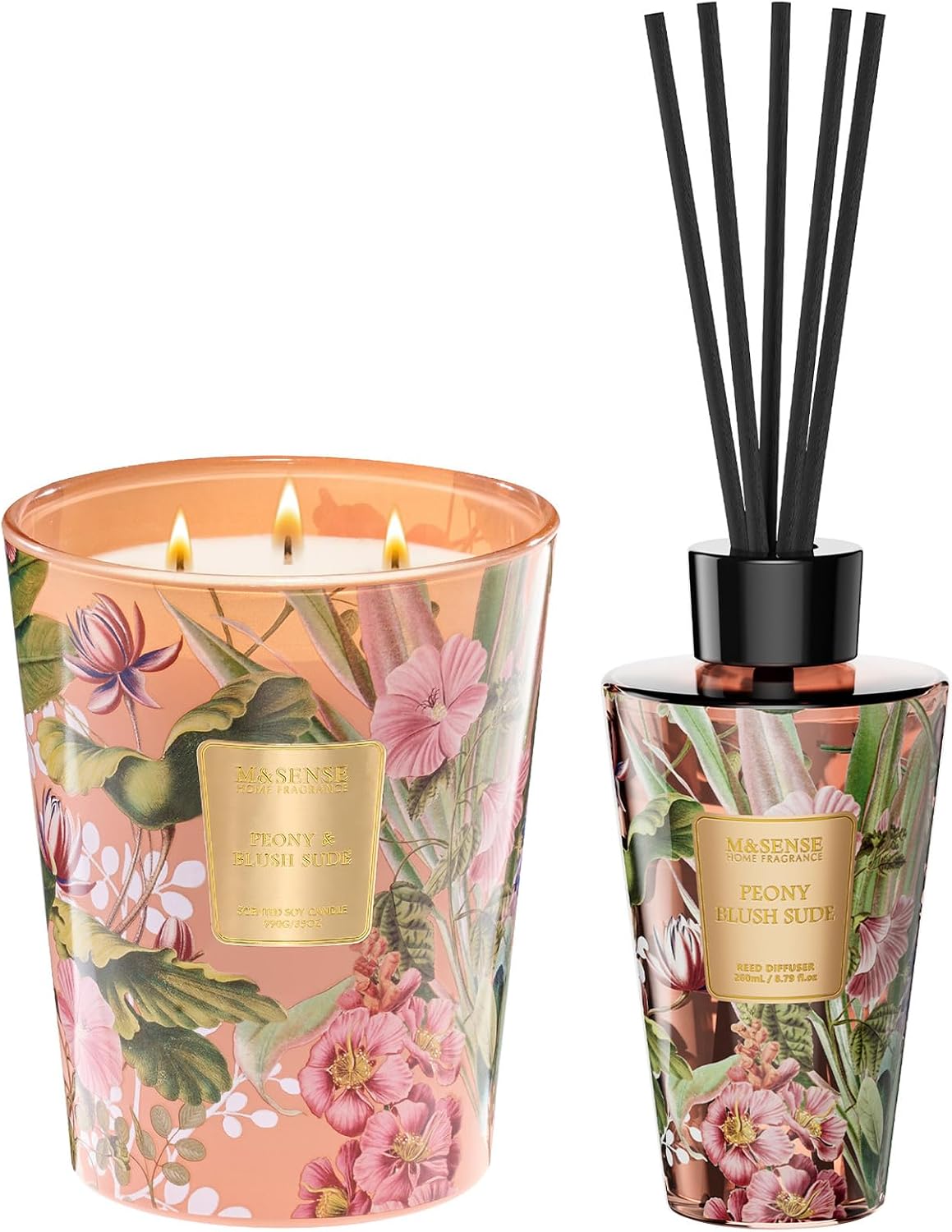 M&SENSE Peony & Blush Suede Bundle - 35oz 150H Soy Candle + 8.79fl oz Reed Diffuser, Non-Toxic Spring Home Fragrance & Cozy Room Decor