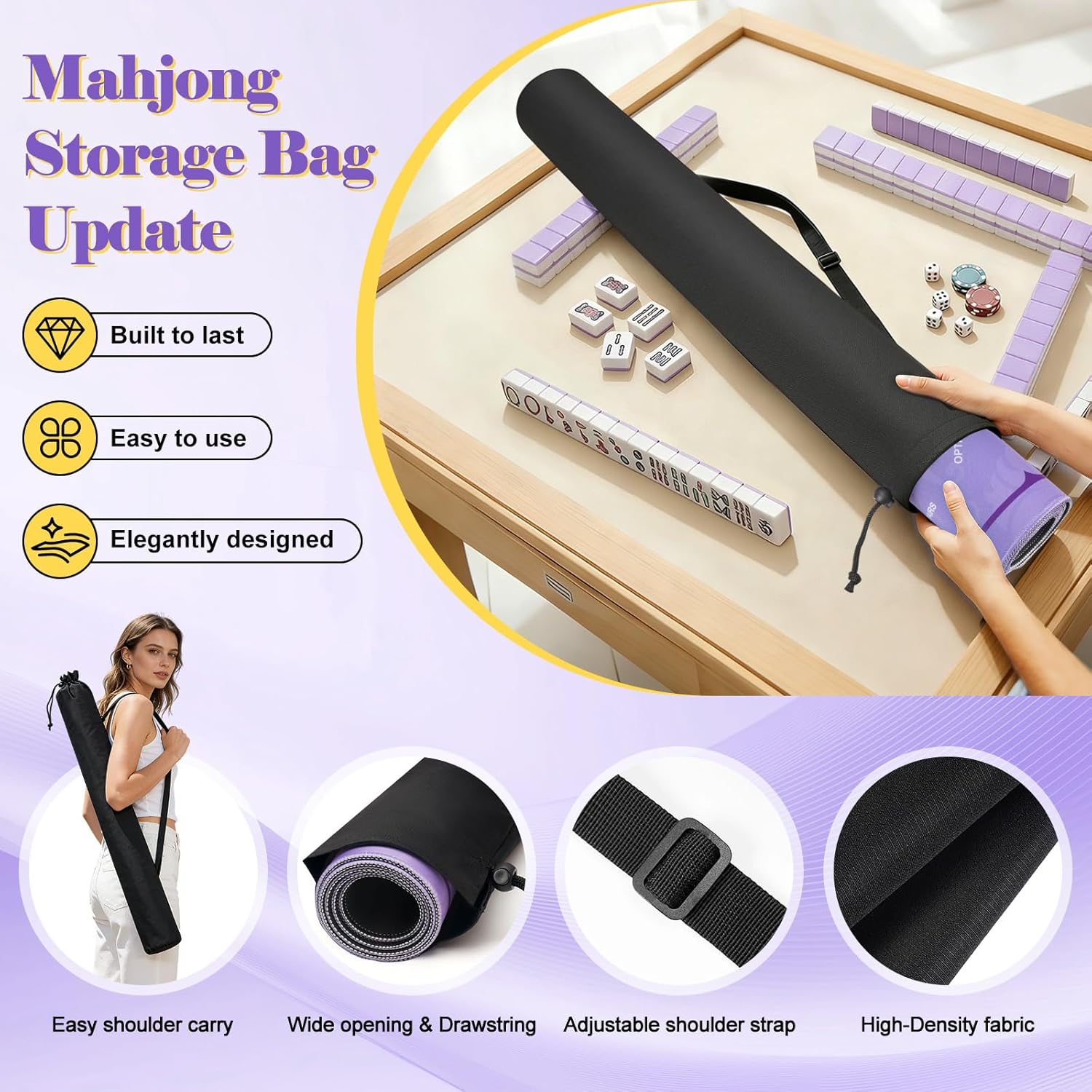 Mahjong Mat with Rule, 32.5" x 32.5" Waterproof Soft Surface Game Mat, Easy Clean Non-Slip & Noise-Reduce Mah Jong Table Mat with Carry Bag, Rolled Packaging for American Mahjong, Poker, Game