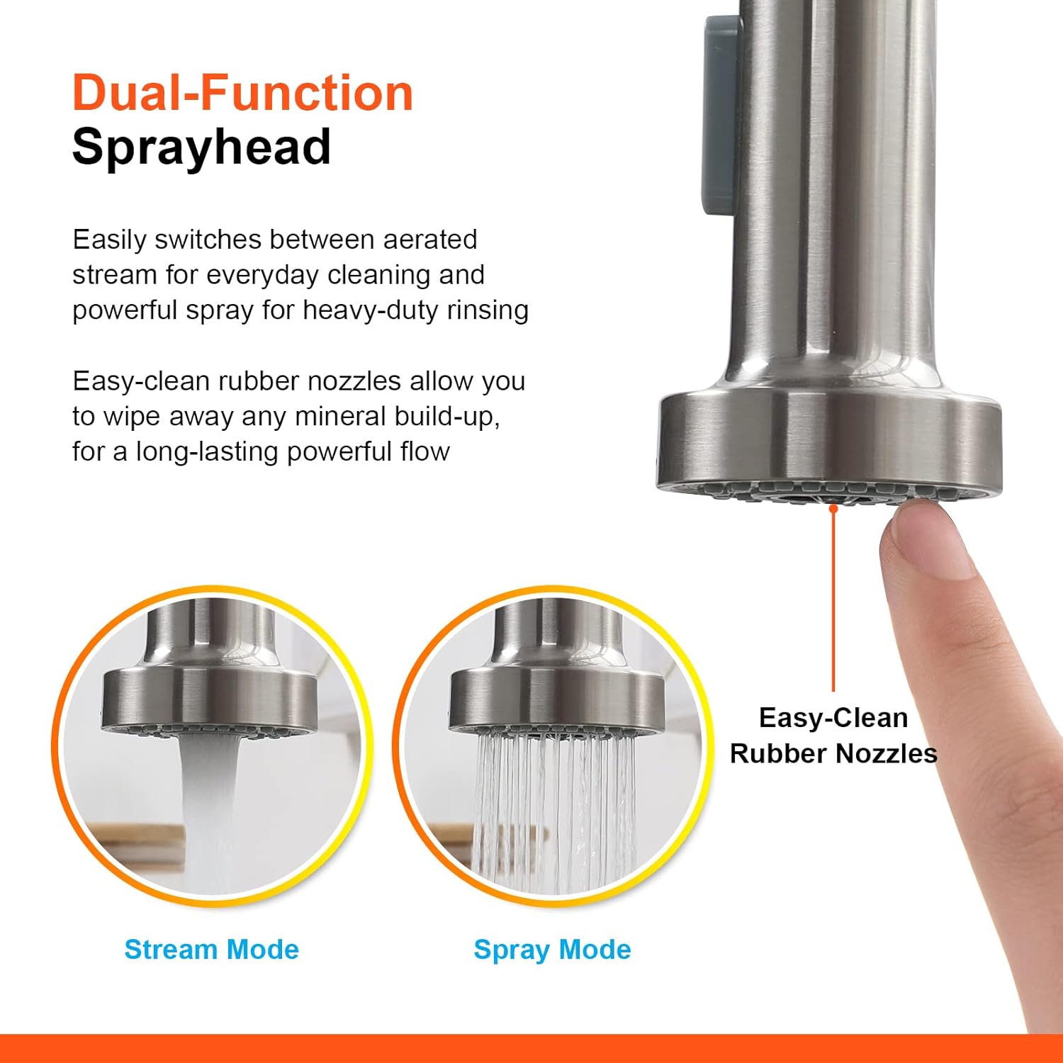 Close-up of the dual-function spray head showing stream mode and spray mode with easy-clean rubber nozzles.