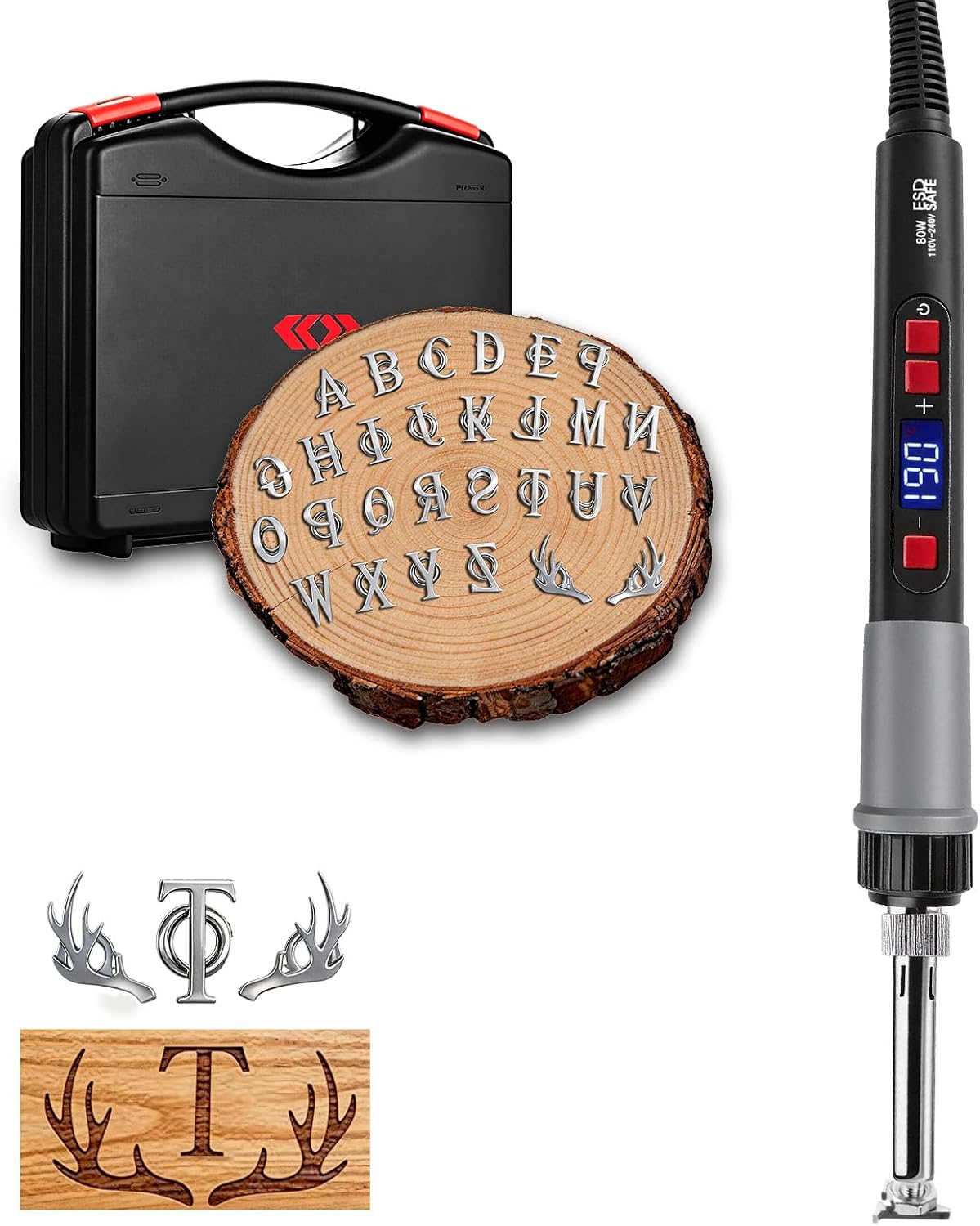 56 Pcs Branding Iron Set for Wood & Leather, 1/2" Letters, Numbers & Designs Kit, Electric (Temp Adjustable) + Fire (Wood Handle), Portable Toolbox for DIY Carpentry BBQ (56 Pcs)