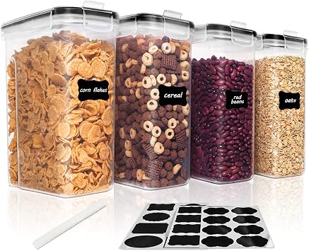 Vtopmart Cereal Storage Container Set, BPA Free Plastic Airtight Food Containers 84.5 fl oz for Cereal, Snacks and Sugar, 4 Piece Set Dispensers with 24 Chalkboard Labels, Black