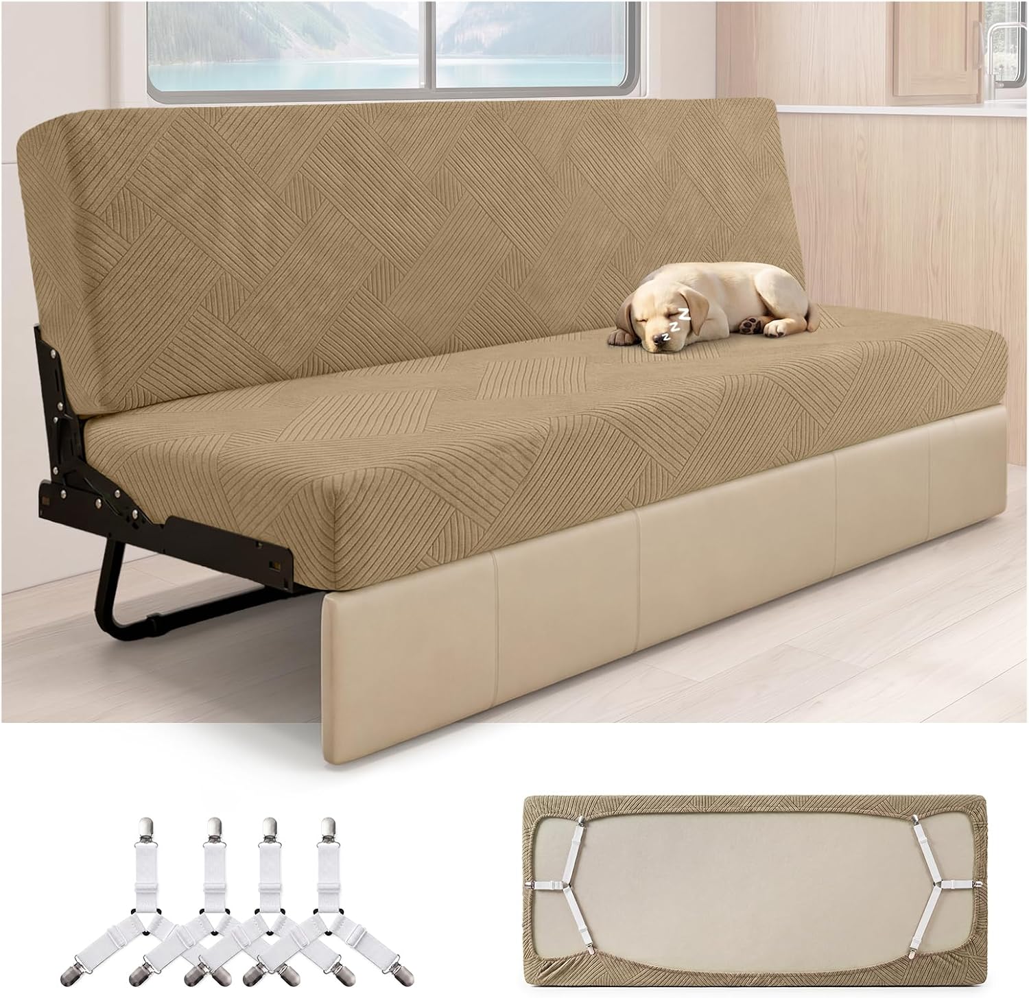 Camper Couch Cover, RV Jackknife Sofa Cover,2-Piece Set with 4 Clips