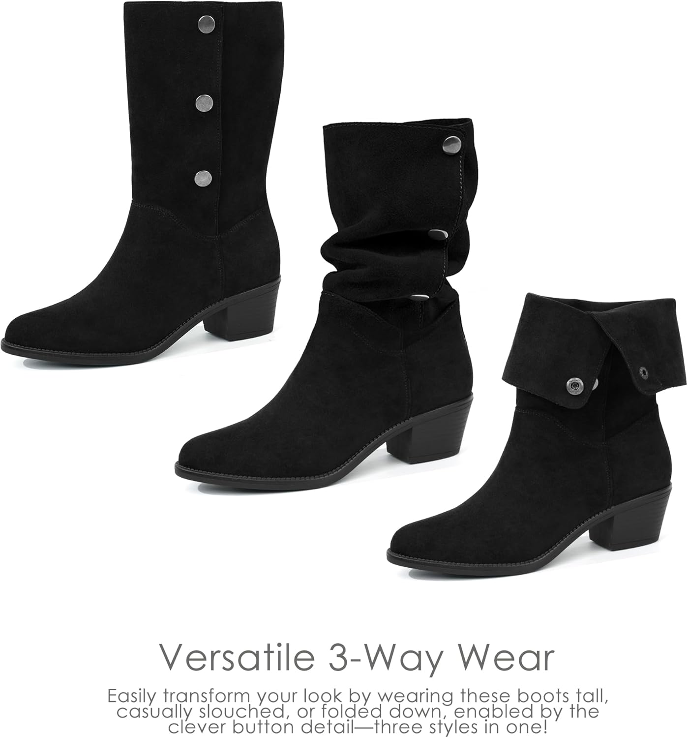 starmerx Womens Suede Mid Calf Boots 3 Way Fold Over Style Chunky Block Heel Booties Fall Winter - Image 4