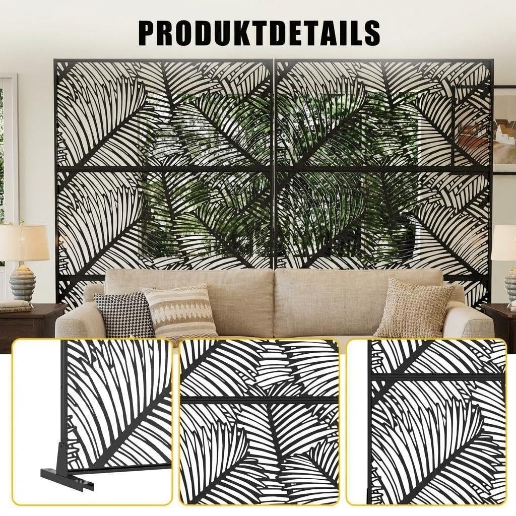 Metall Sichtschutz freistehend 188x120cm, Palmblatt Design, Stahl Trennwand | Raumteiler; Standfuß; wetterfest; dekorativ; Outdoor & Indoor; Laserschnitt; stabil; UV-beständig; Balkon; Terrasse