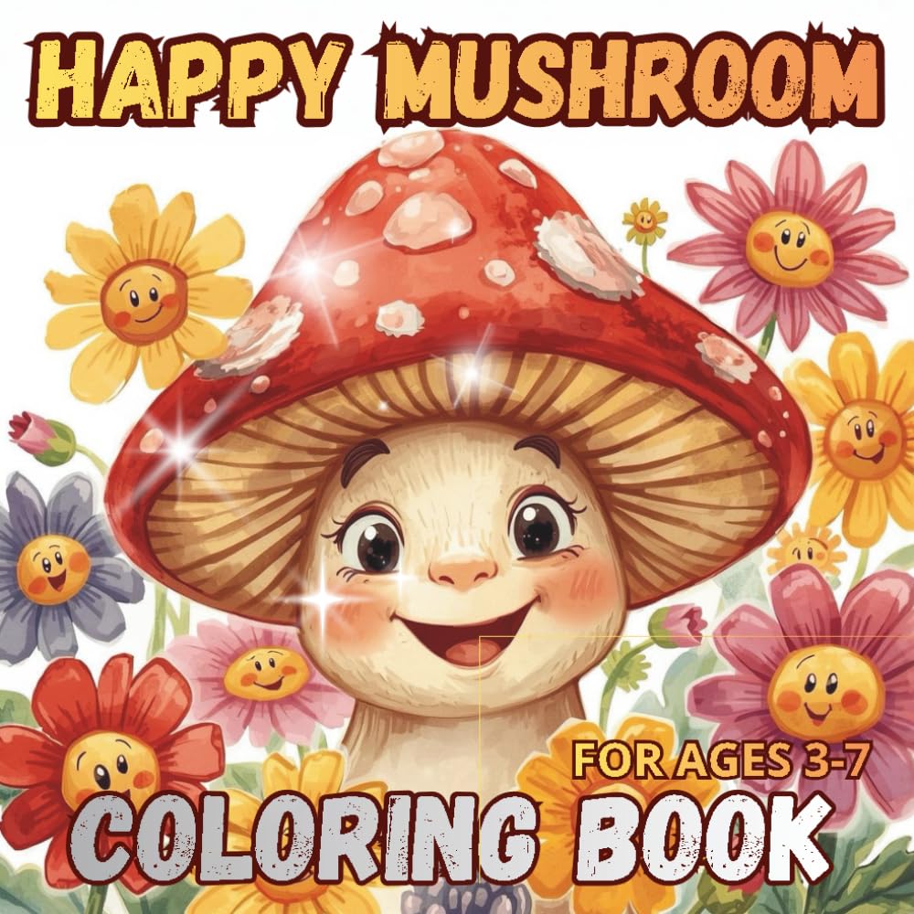 HAPPY MUSHROOM COLORING BOOK FOR KIDS AGES 3-7: Cute and Easy Mushroom Coloring Pages with Smiling Mushrooms, Forest Friends, and Simple Nature Designs for Toddlers and Preschoolers