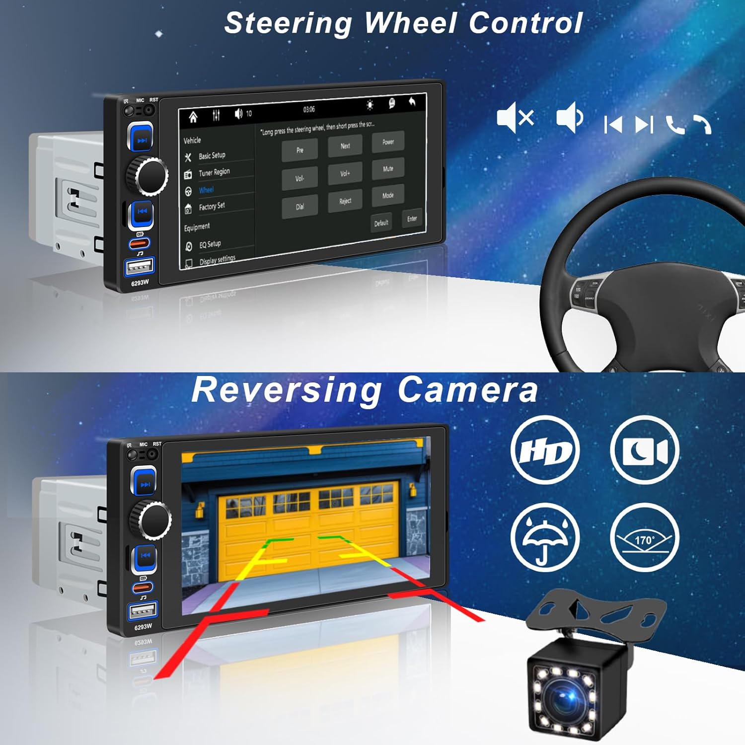 6.8" Single Din Car Stereo with Wireless Apple CarPlay Android Auto, Car Radio with 1280 * 600 IPS Touchscreen,Bluetooth 5.2, FM Radio,Dual USB Ports,Type-C Quick Charge, Backup Camera, EQ Subwoofer