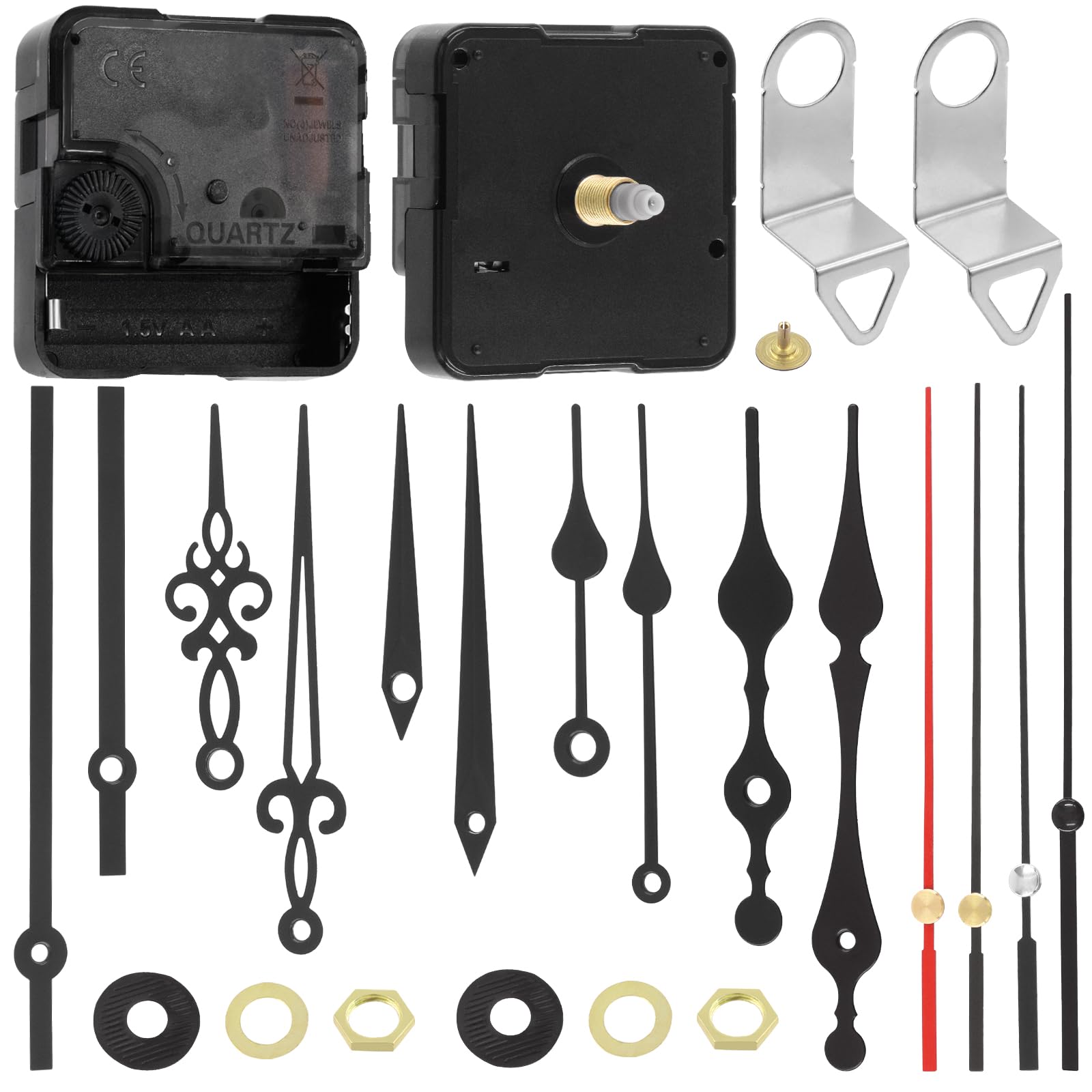 Swpeet 25Pcs 20 mm/0.79 Inch Silent No Battery Quartz Clock Mechanism Kit - 11 Movement Repair Parts & 14 Hands Replacement, DIY Wall Clock Repair