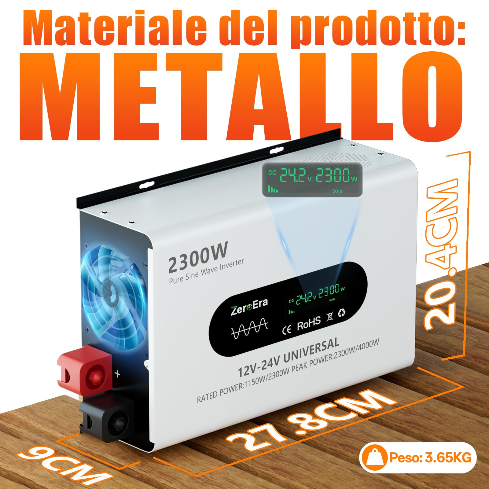 Inverter 12V/24V a 220V 230V,Convertitore Doppia Tensione,Potenza Nominale 1150W/2300W,Potenza Picco 2300W/4600W,Seno Puro,LCD,Rilevamento Intelligente,Presa 2EU, 1 Tipo C,Porta USB 2.1A,Telecomando