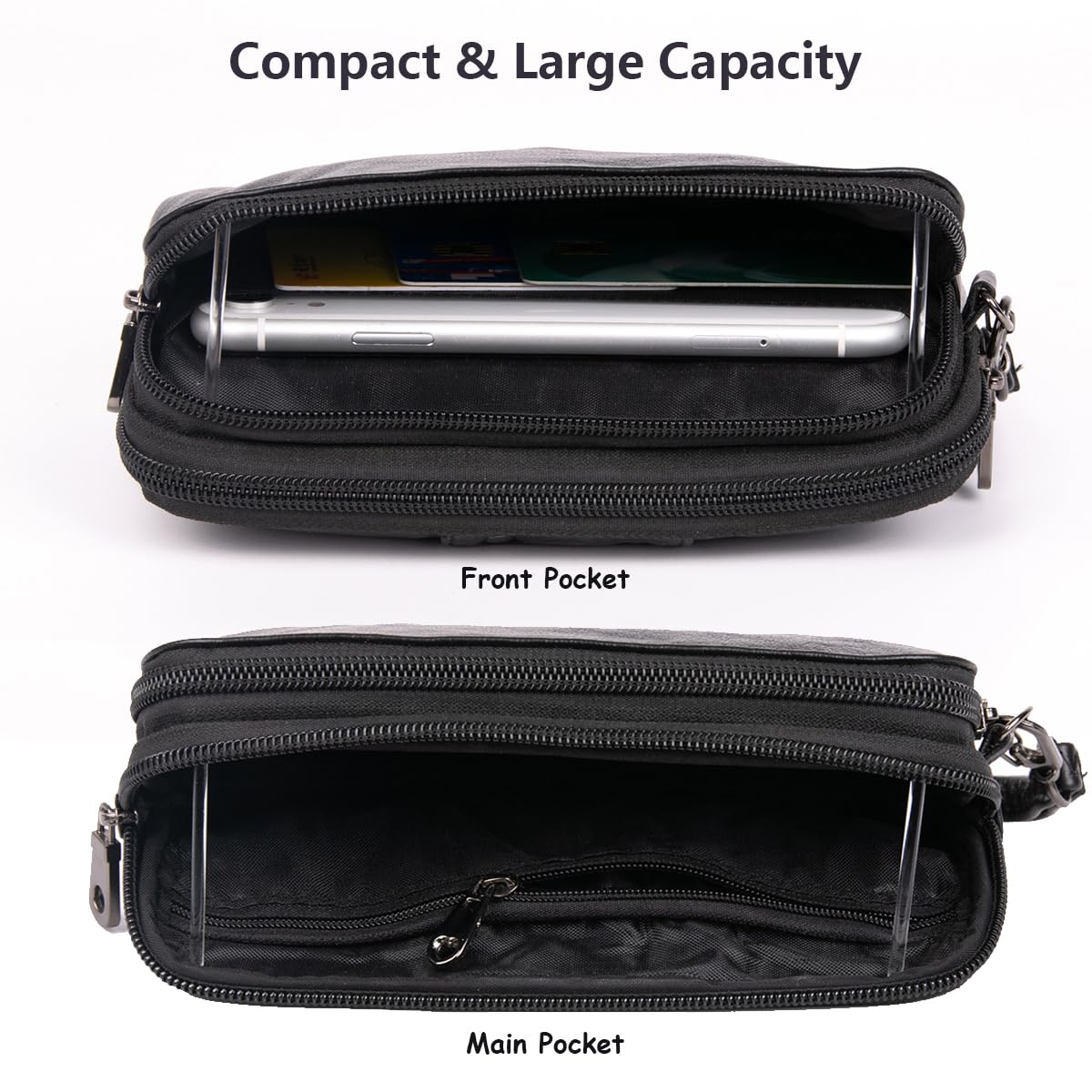 Herren Echtleder Clutch Tasche Gürtelholster mit Handgelenkschlaufe & Gürtelschlaufe, Kleine Casual Handy Handtasche Geldbörse, Multifunktionale Leder Gürteltasche für Business Reisen Camping Black