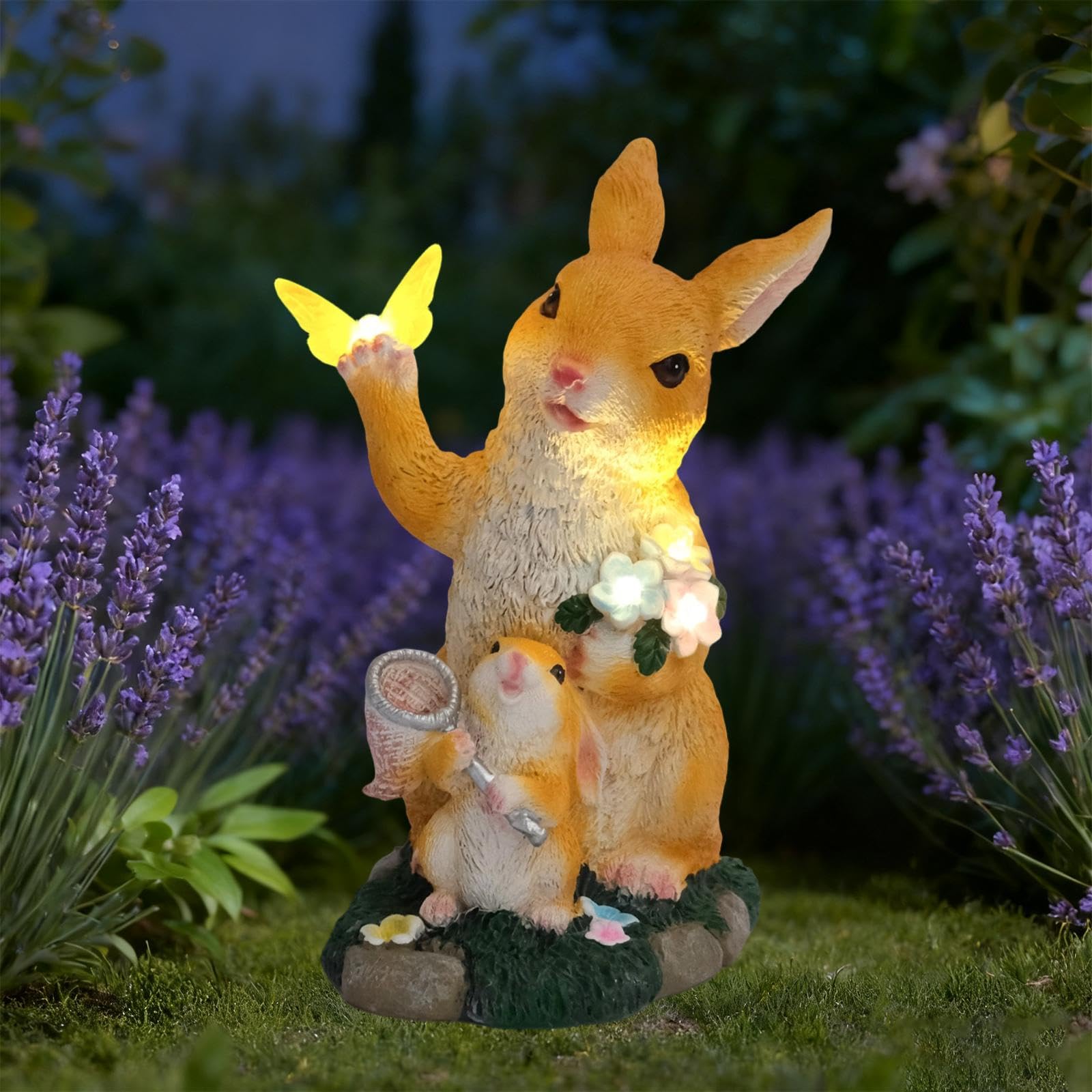 Statua da Giardino con Illuminazione Solare, Ornamento, Artigianato, Decorazione Esterna Unica, Scultura in Resina per Giardino, Giallo