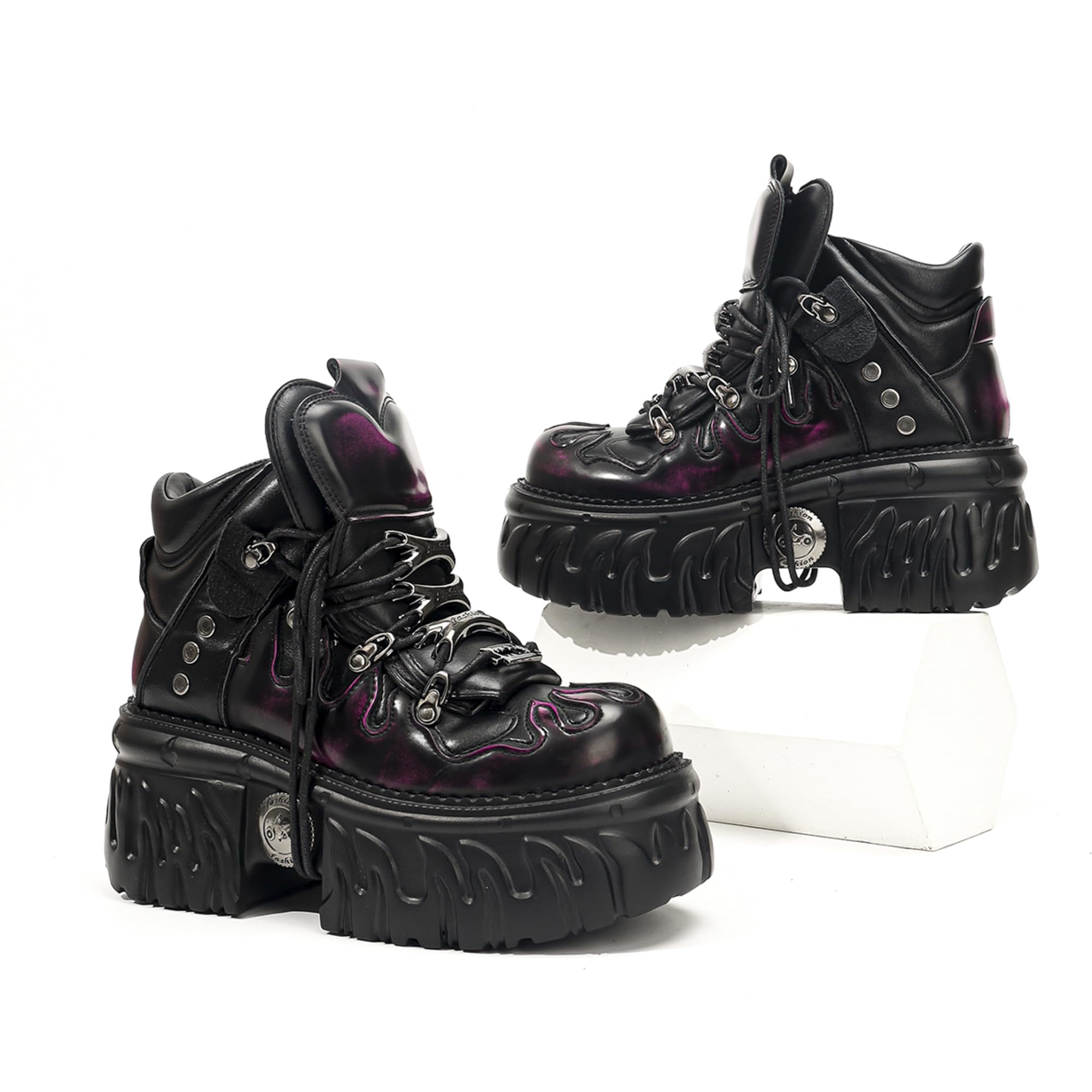 Punk Rock Heavy Metal Plateauschuhe Damen, Gothic Schnürstiefeletten mit Flammen-Design Chunky Plattform Metall Details