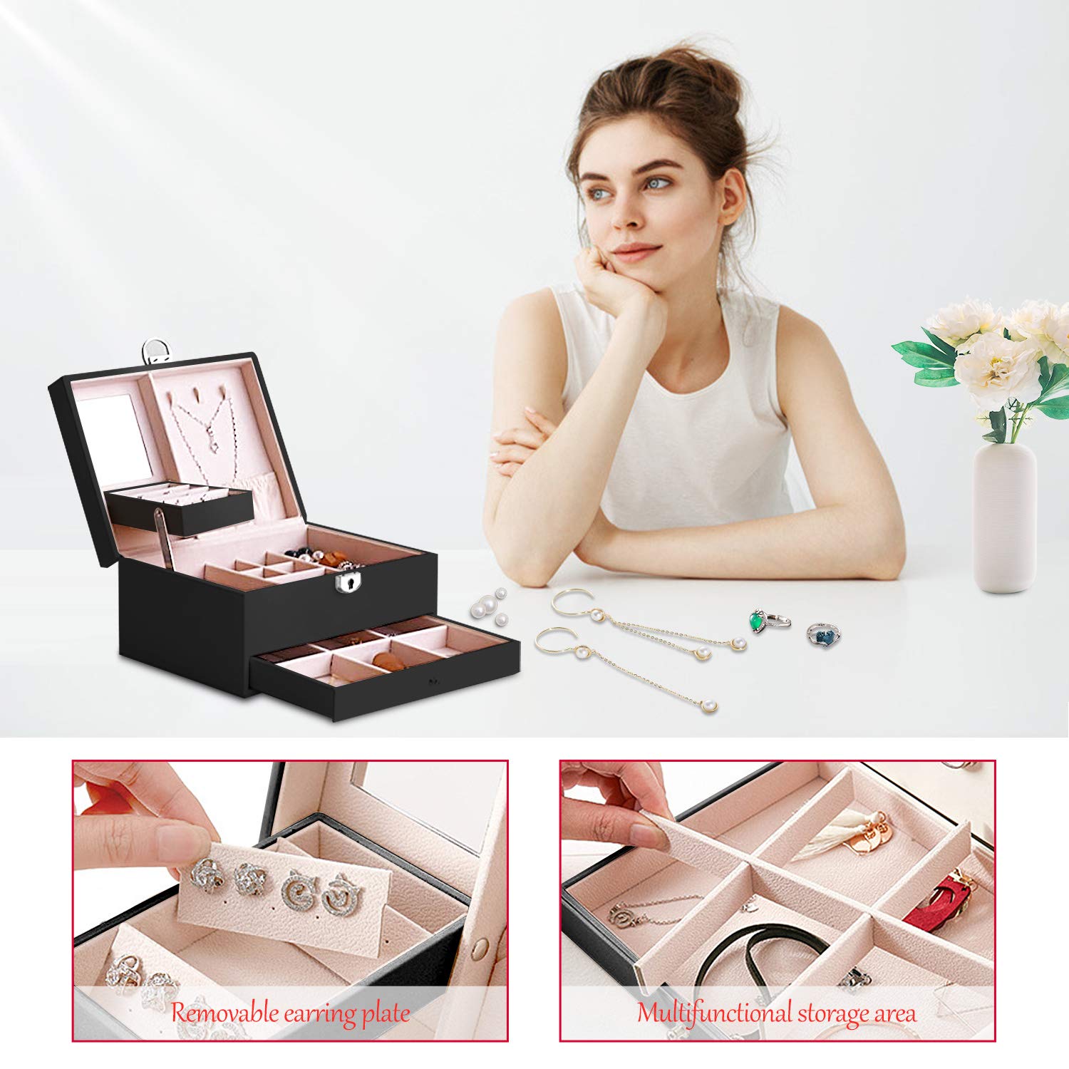 Podazz Schmuckkästchen, Frauen Schmuckkoffer Zwei Schicht Schmuck Schmuckkasten mit Schubladen und Spiegel Abschließbarer Schmuckschatulle Schmuckkiste für Ohrringe Armbänder Ringe Uhren Weiß