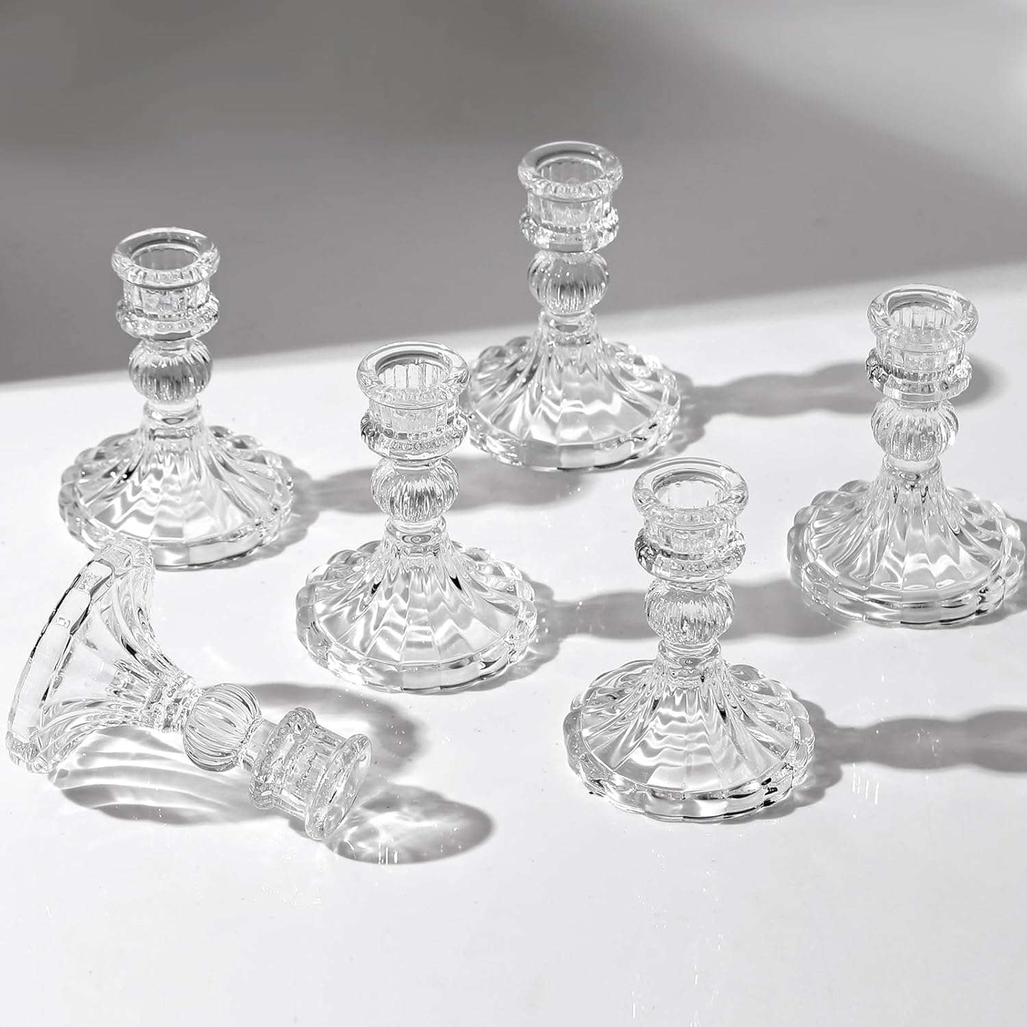 6 Pcs Clear Glass Taper Candle Holders – 4 Ribbed Candlestick Holders for Standard Candles | Elegant Centerpiece for Wedding, Party, Holiday & Home Decor