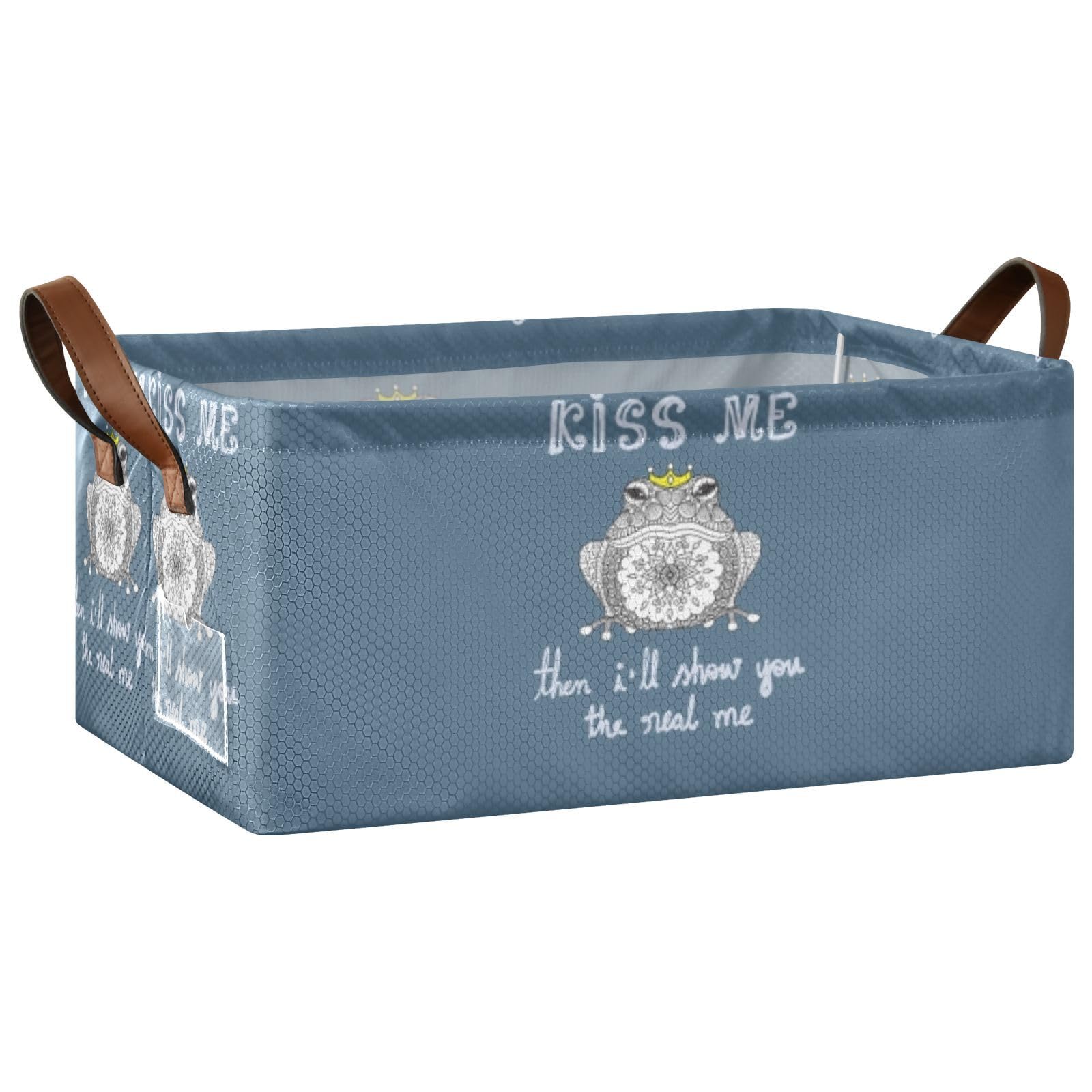Mandala Art Frog Kiss Me Then I Will Show You The Real Me 1 PC Rectangle Foldable Frame Basket Leather Handles Storage Bin for Laundry Bathroom Organizer 16.9 x 11.4 x 7.7 inch