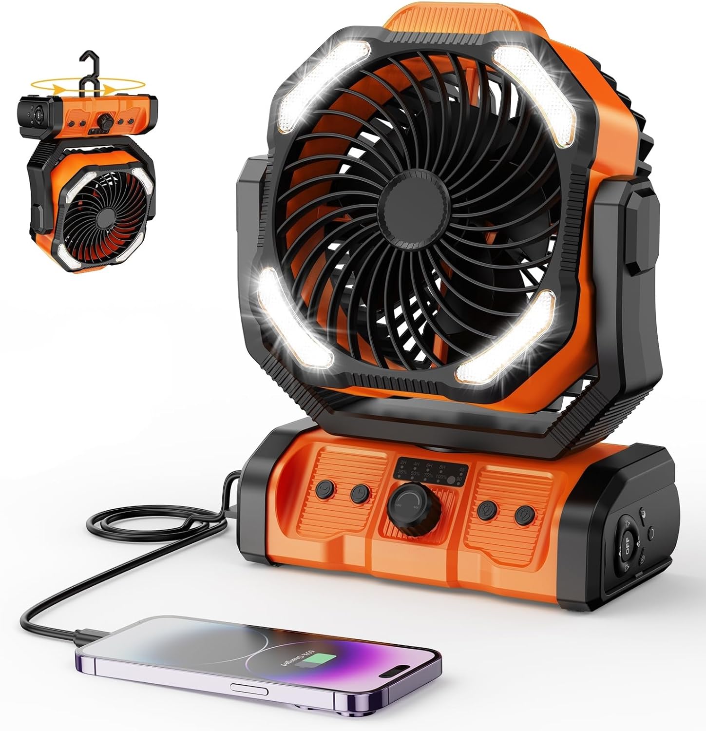 CAMPERFECT Camping Fan Rechargeable, 20000mAh Battery Powered Portable Fan with LED Light & Hanging Hook, 4 Speeds Quiet Outdoor Fans for Tent, Travel, Emergency, BBQ, and Home Use (Orange)