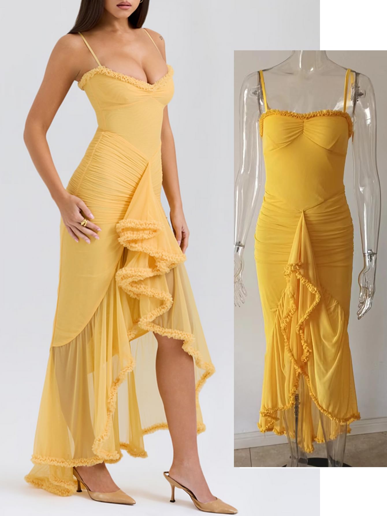 Elegante vestido de malla para invitados de boda, vestido largo formal con volantes y cola de pez