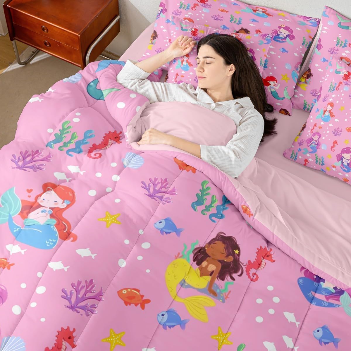 Feelyou Mermaid Princess Comforter Set Twin Size 7 Pieces Cute Mermaid Bedding Set for Kids Boys Girls Ocean Marine Bed in a Bag with Comforter, Sheets, Pillowcases, Cushion Covers Bedroom Decor