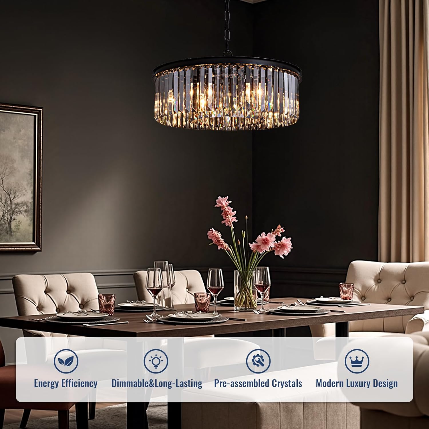 22-Inch Crystal Chandelier for Dining Room, Modern Hanging Pendant Light Fixture with 59" Adjustable Wire,Smoke Gray K9 Crystals, for Living Room, Bedroom, Kitchen Island, Entryway