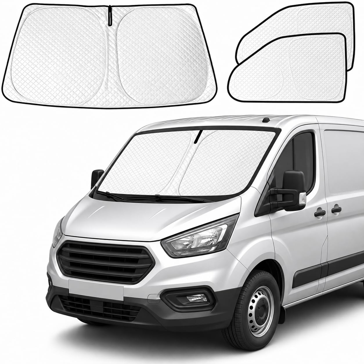 Auto Sonnenschutz für Ford Transit Custom, Elastischem Metall | 3 Stück, Frontscheibe und Seitenfenster, Faltbar Interne Thermomatte Fahrerhaus, UV-Schutz Verdunkelung Privatsphäre