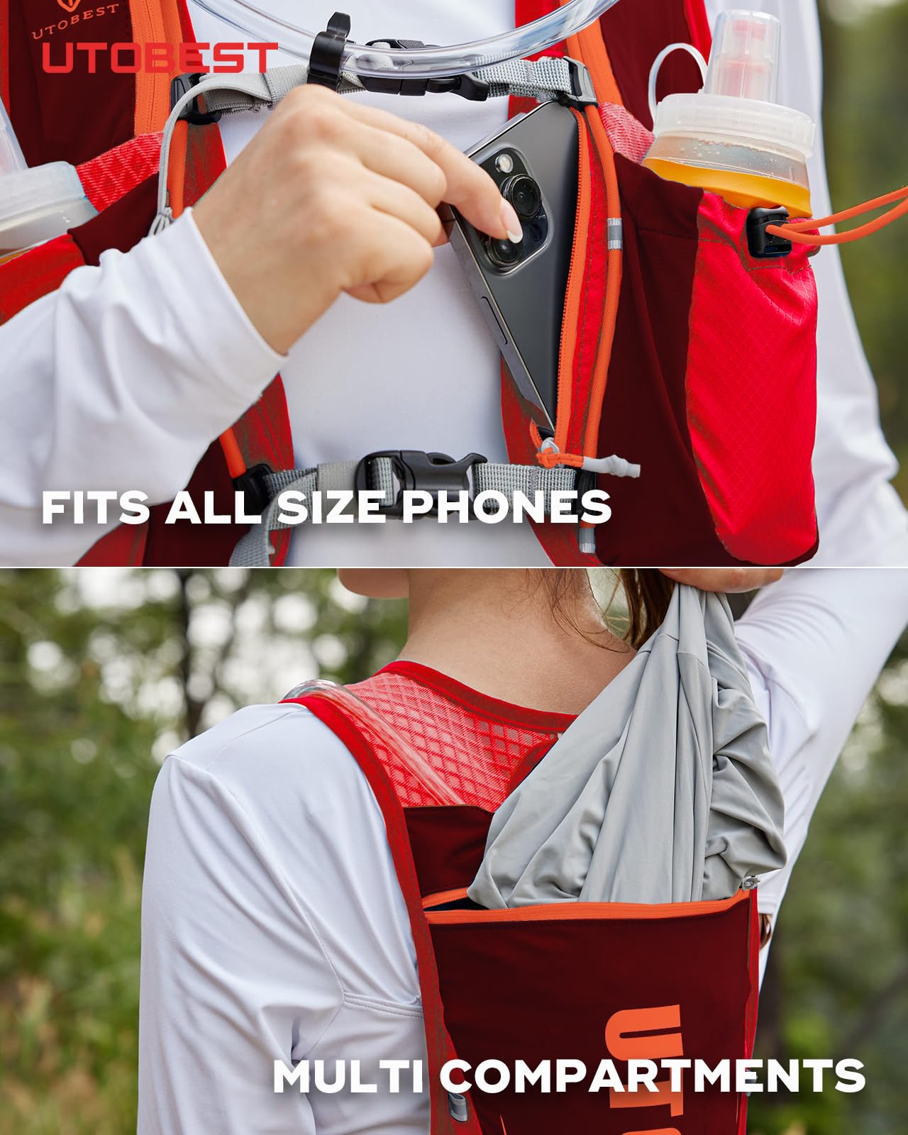 UTOBEST Gilet Course, Sac hydratation Leger avec 2*350ml flasque,Rouge | 7 poches, grand support telephone, ajustement confortable, sans rebond, OSFM, mixte, trail, park run, marathon