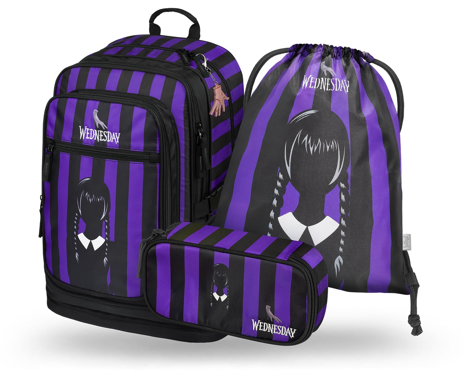 Baagl Mochila escolar para niña, 3 piezas, mochila escolar a partir de 3ª clase, mochila escolar primaria con correa para el pecho, mochila ergonómica, Wednesday, 33 cm x 45 cm x 11 cm, Escuela