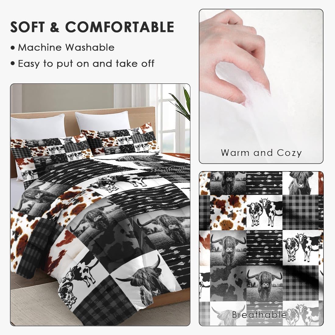 King Size Comforter Set with 2 Pillowcases, Highland Cow Print Animal 3 Pcs Bedding for Kids and Adults, Farm Black White Plaid Soft Comforter Set for Bedroom Bed Decor - Image 5