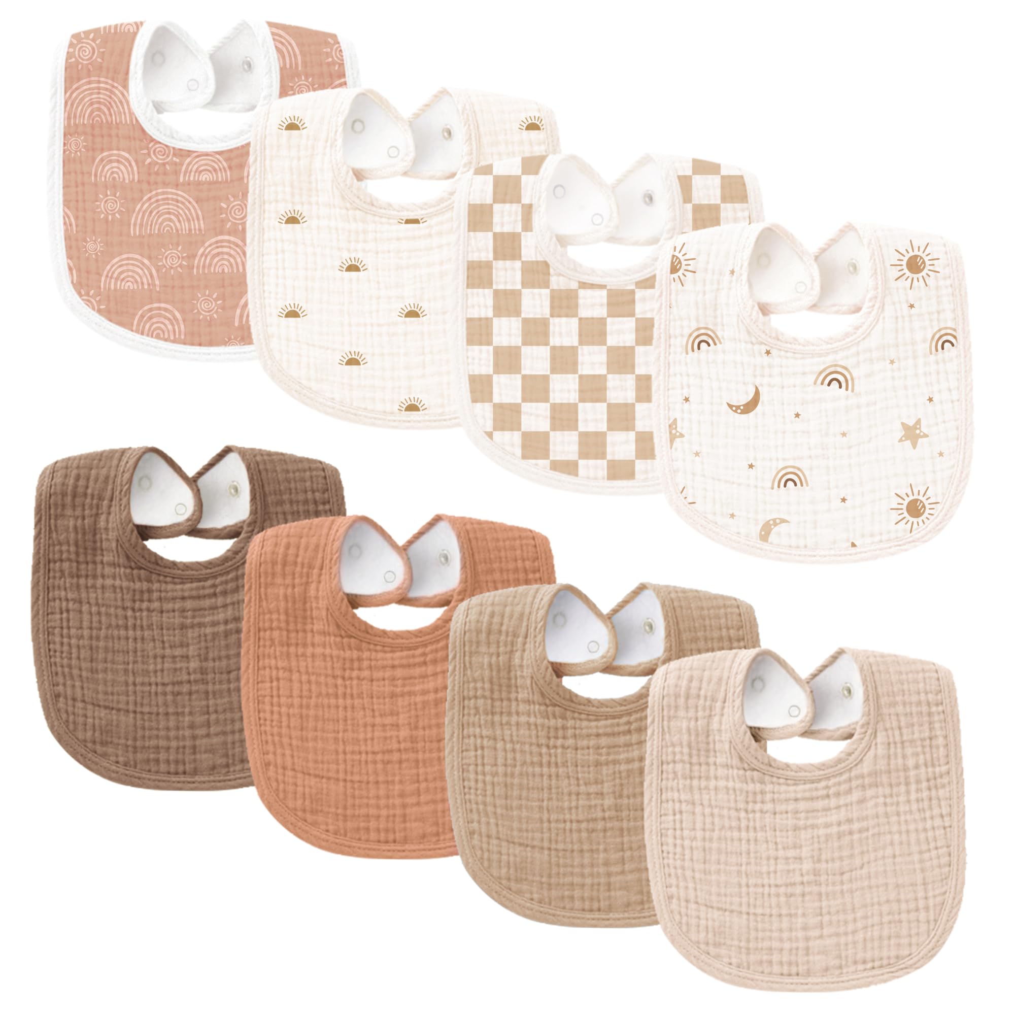 Konssy 8-Pack Muslin Baby Bibs, Adjustable Fit for Drooling and Teething | Soft Absorbent, Drool Bibs for Baby Boys Girls, Cotton Front with Fleece Backing, Newborn to Toddler 0-36M Camel
