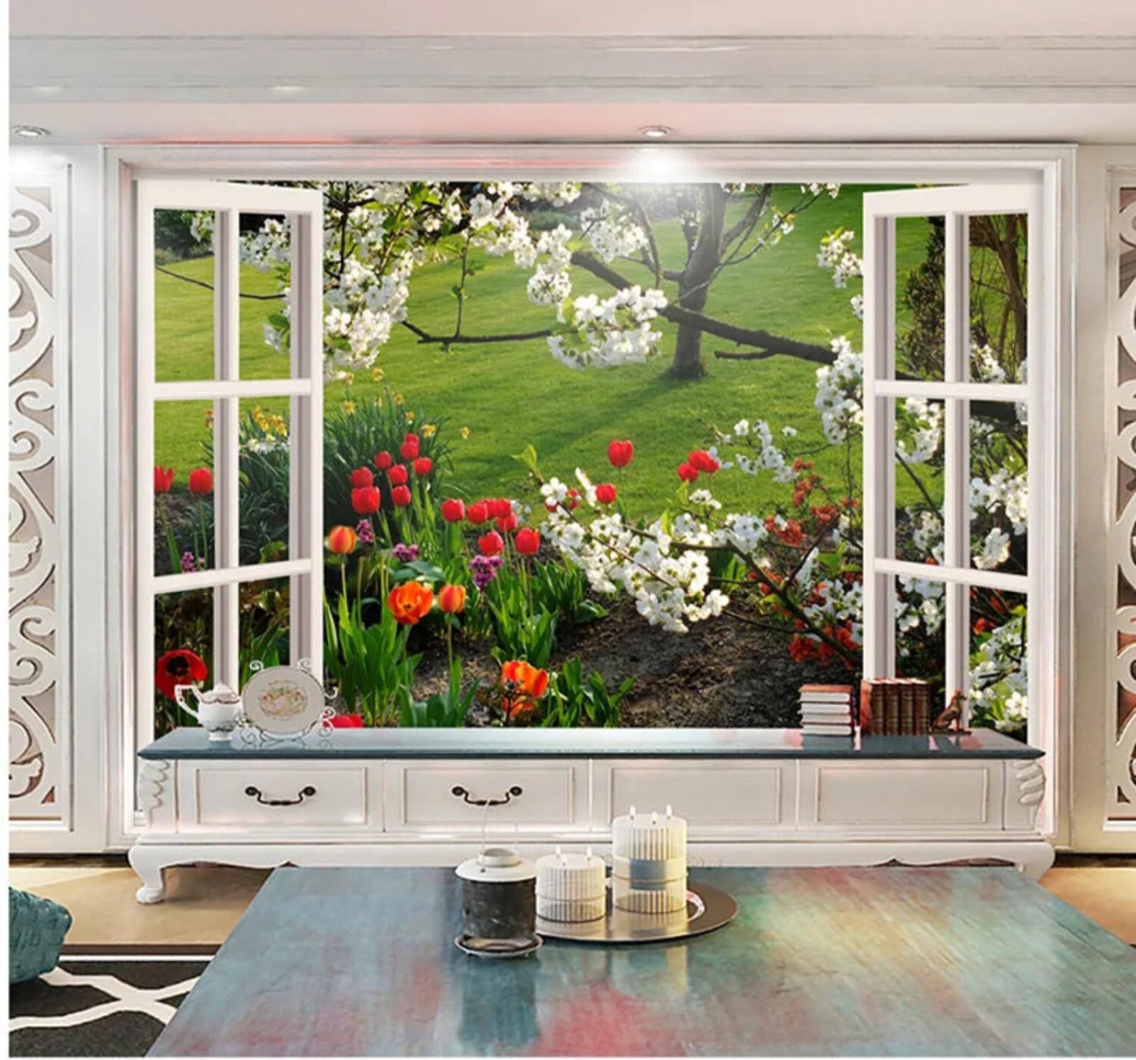 Wallpaper-3D-Xlm 350Cm×256Cm(B×H) Three Dimensional Window Flowers Lawn Landscape 3D Wallpaper Easy Install Feature Office Living Room Sofa Bedroom Tv Background Wall Decoration-350Cm×256Cm