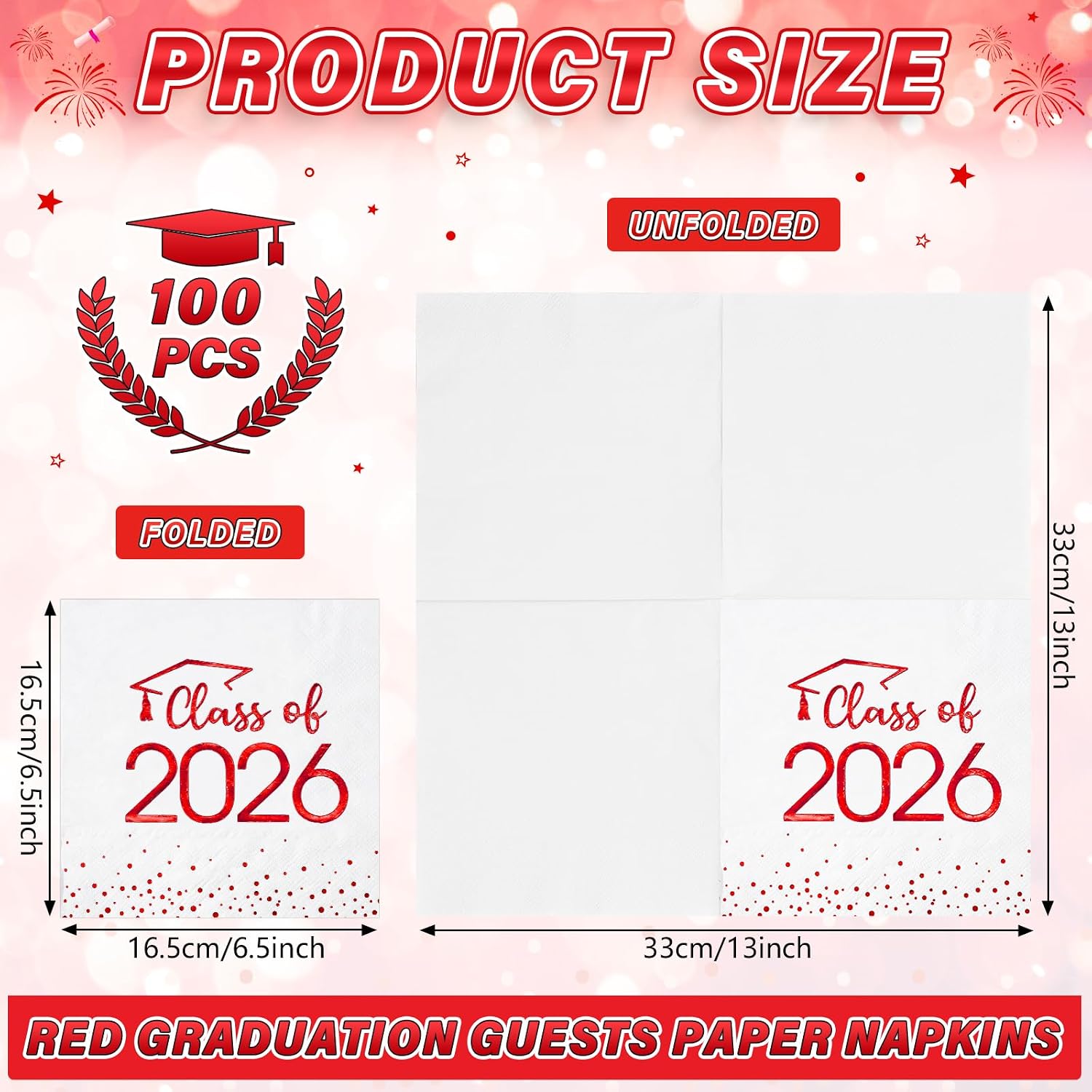100Pcs Class of 2026 Graduation Napkins, Disposable Congrats Grad Paper Cocktail Napkins Square Foil Dot Hand Towels for 2026 School University College Graduation Party Decorations（Red）