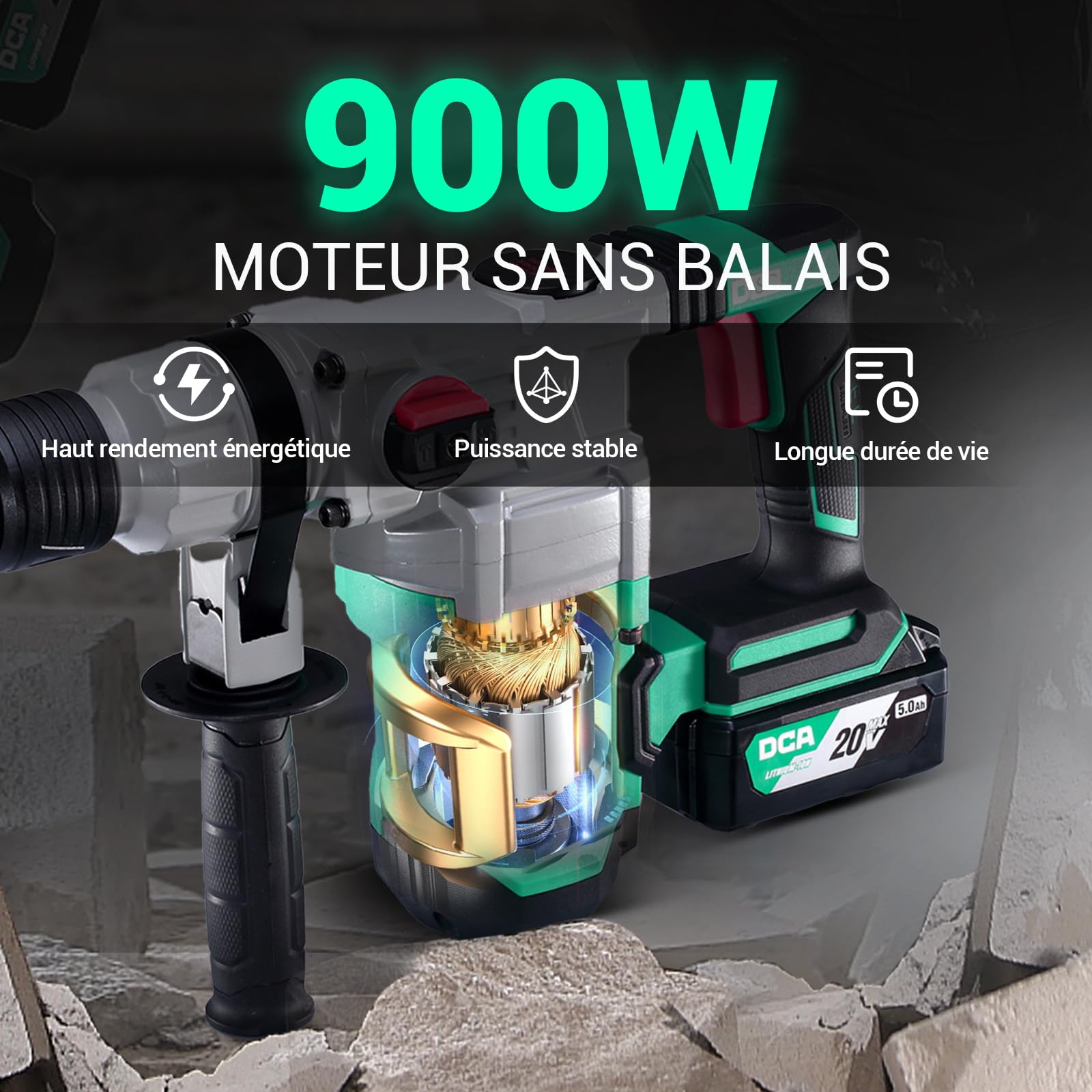 DCA Marteau Perforateur Sans Fil 20V, 4.5 J d'énergie de Frappe et 3800 BPM, 4 Pièces 28mm SDS-Plus, Moteur Sans Balais Marteau Perforateur Haute Performance, Batterie 5.0Ah, Chargeur Rapide 4A
