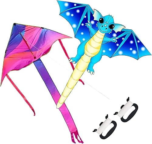 Kaidenic Paquete de 2 cometas Dragon Kite y Rainbow Delta Kite con colas largas fáciles de volar con líneas voladoras