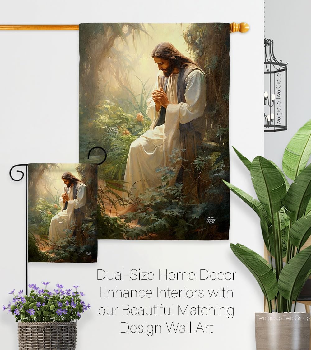 Jesus in Prayer Flag Memorial Stake Patio Lawn Outdoor Post Tapestry Yard Signs Cemetery Decorations for Grave Poster Easter Decor Christian Gifts Made in USA